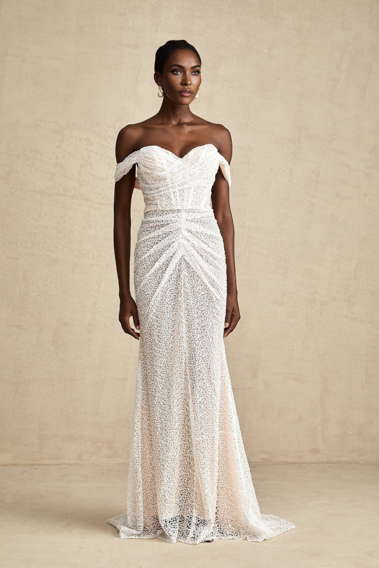 Agnolina Maxi Dress - Off - Shoulder Design - Corset Style - Sequin Embellishment - Ruched Detailing