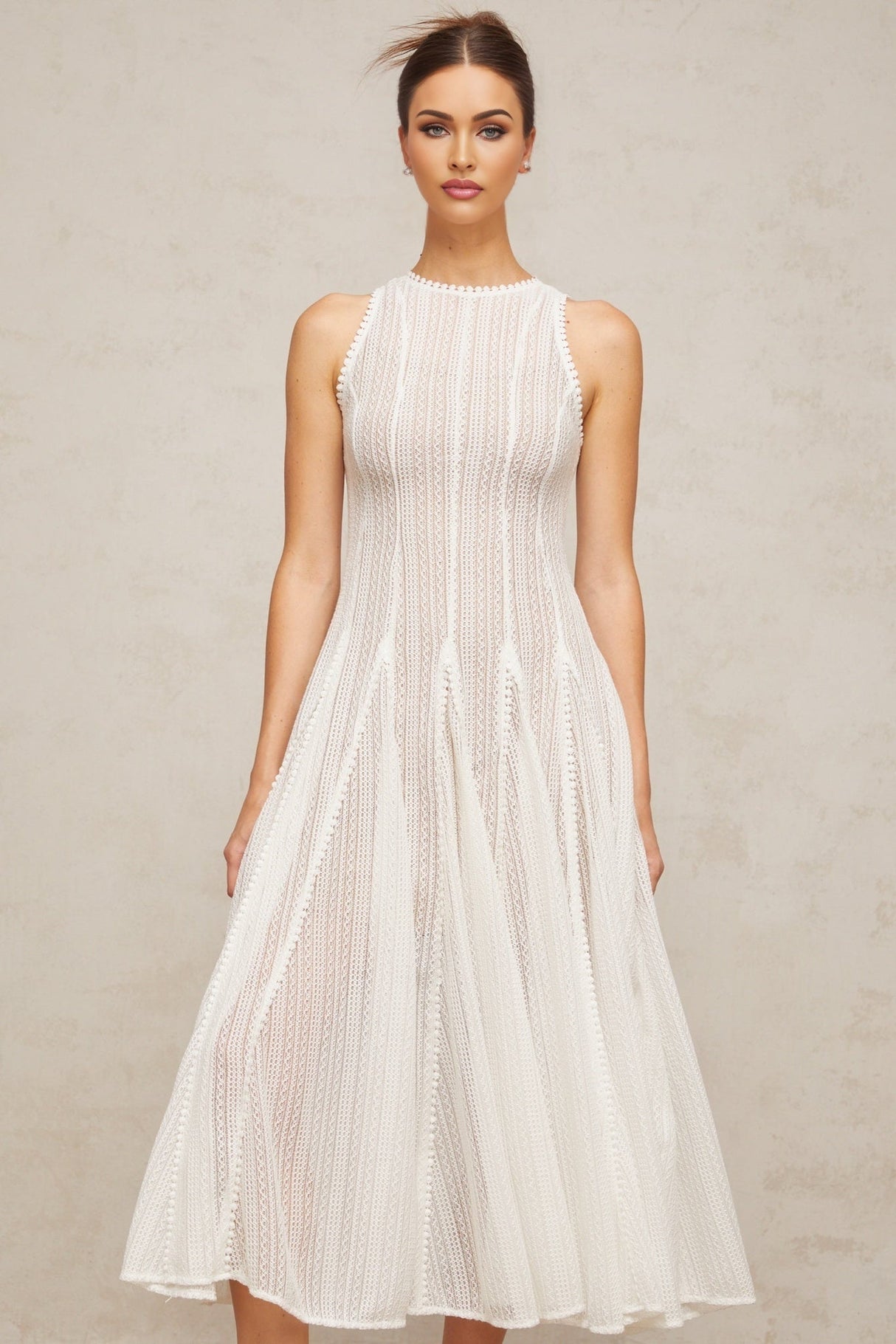 Agnolina Midi Dress - Crochet Knit - Sleeveless - Puff Skirt - Godet Design