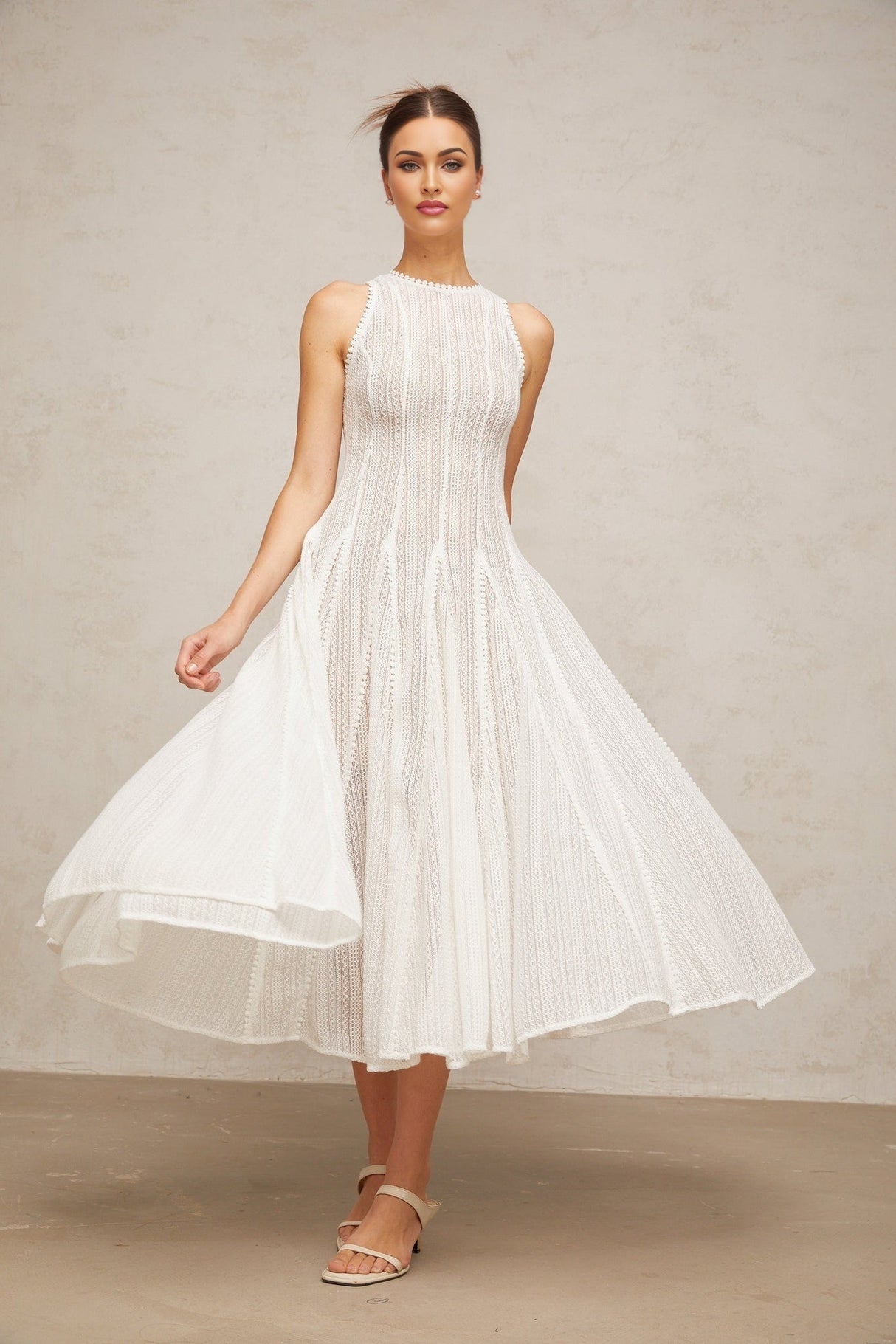 Agnolina Midi Dress - Crochet Knit - Sleeveless - Puff Skirt - Godet Design