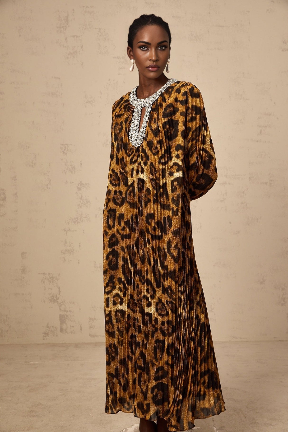 Agnolina Midi Dress - Leopard Print - Crystal Embellishment - Pleated - Long Sleeves - Keyhole Front