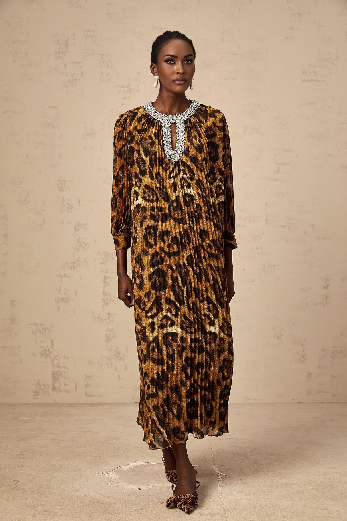 Agnolina Midi Dress - Leopard Print - Crystal Embellishment - Pleated - Long Sleeves - Keyhole Front
