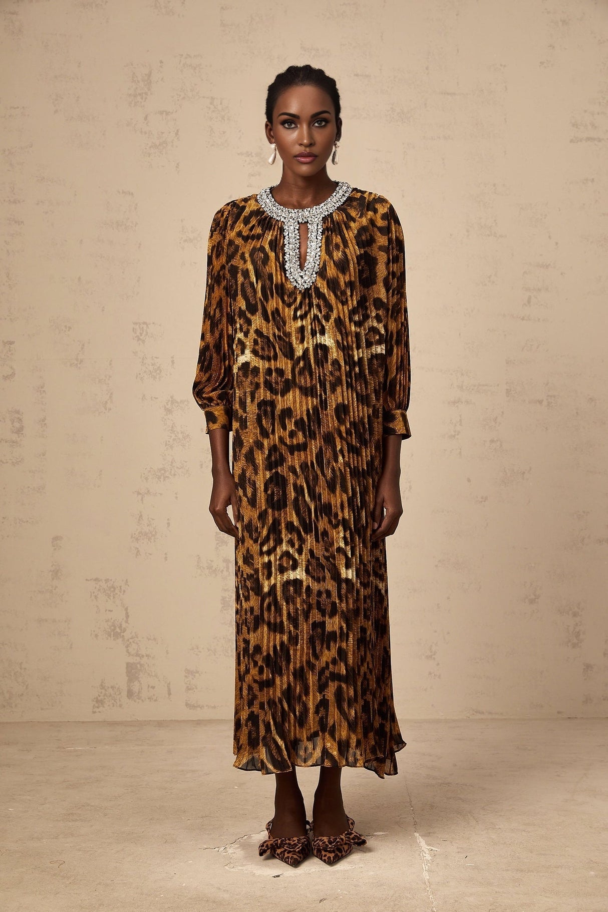 Agnolina Midi Dress - Leopard Print - Crystal Embellishment - Pleated - Long Sleeves - Keyhole Front