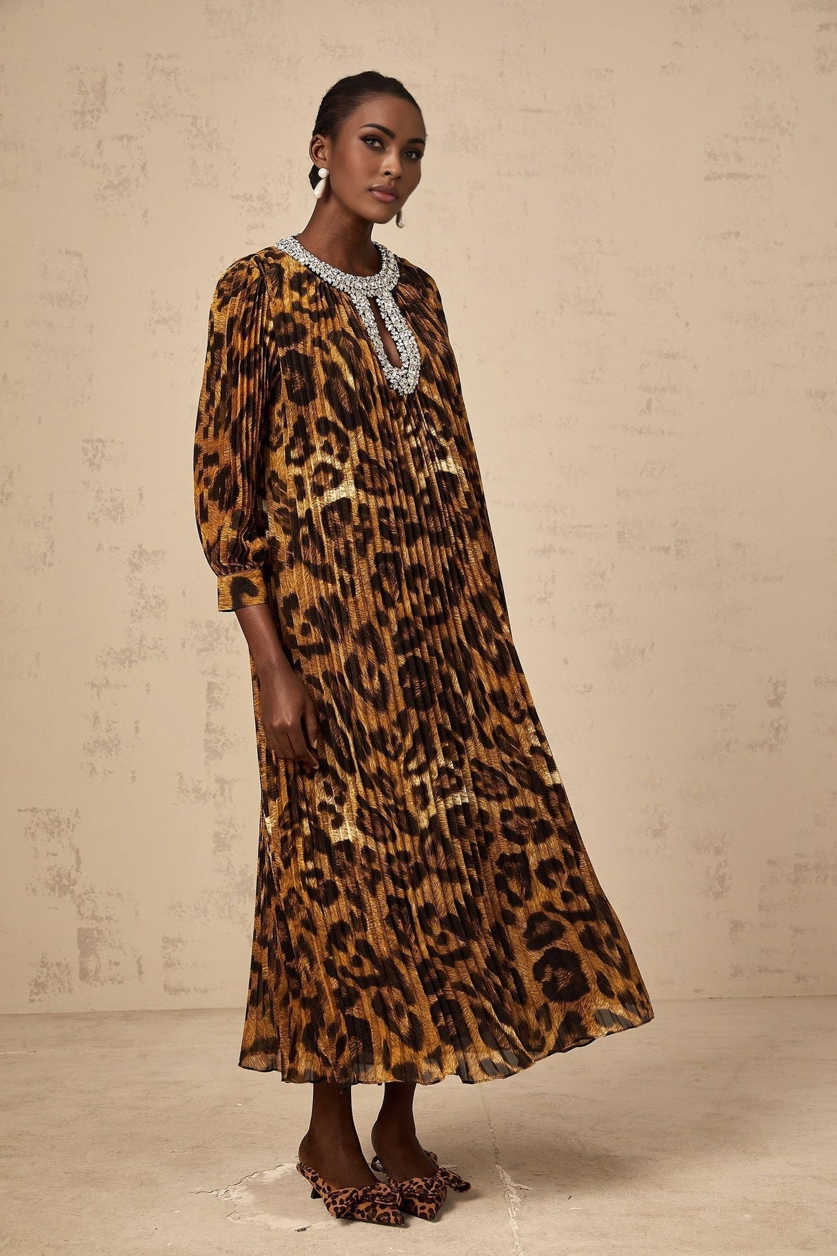 Agnolina Midi Dress - Leopard Print - Crystal Embellishment - Pleated - Long Sleeves - Keyhole Front