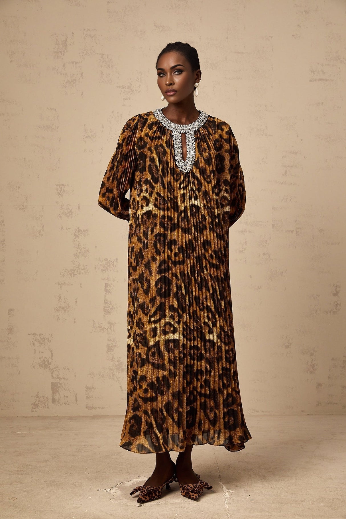Agnolina Midi Dress - Leopard Print - Crystal Embellishment - Pleated - Long Sleeves - Keyhole Front