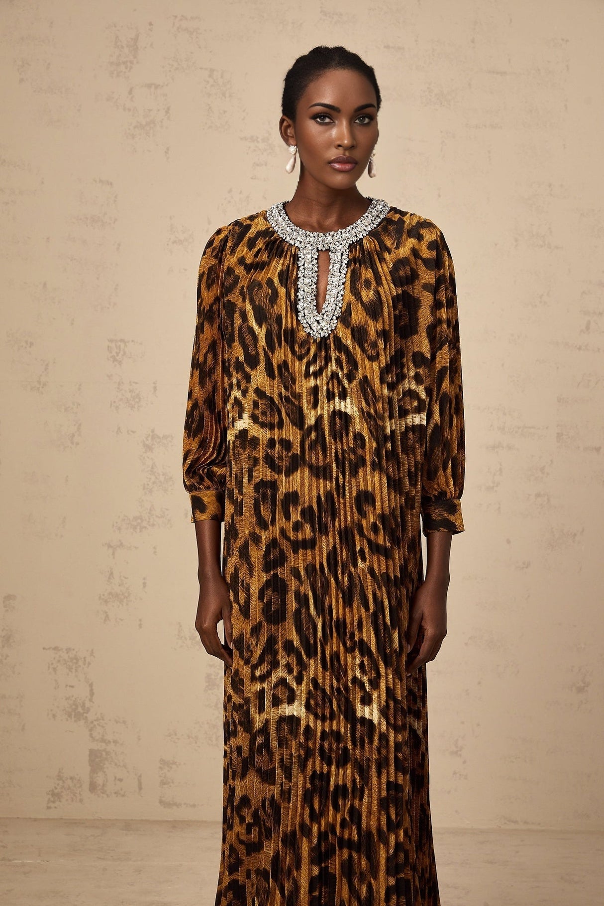 Agnolina Midi Dress - Leopard Print - Crystal Embellishment - Pleated - Long Sleeves - Keyhole Front