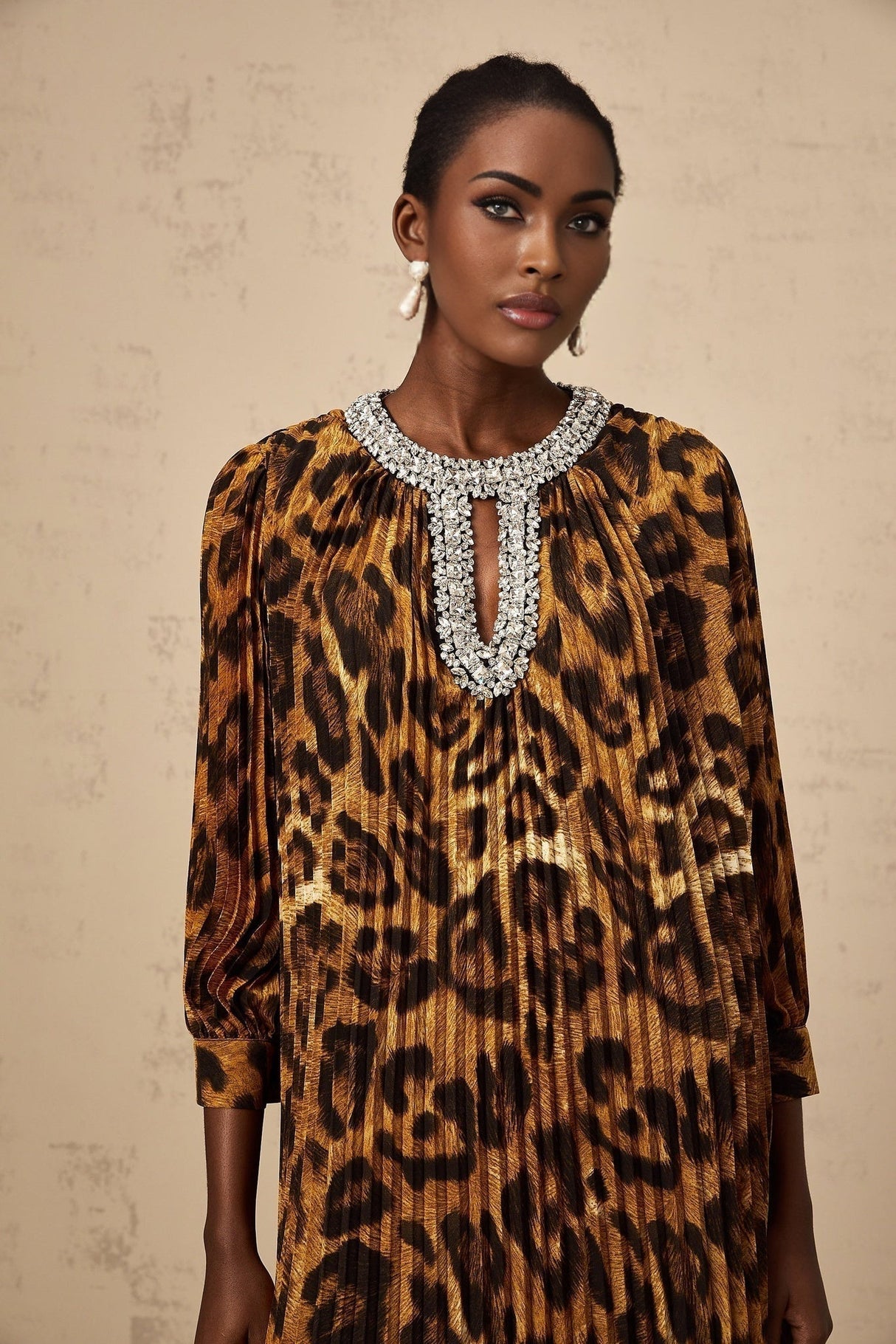Agnolina Midi Dress - Leopard Print - Crystal Embellishment - Pleated - Long Sleeves - Keyhole Front