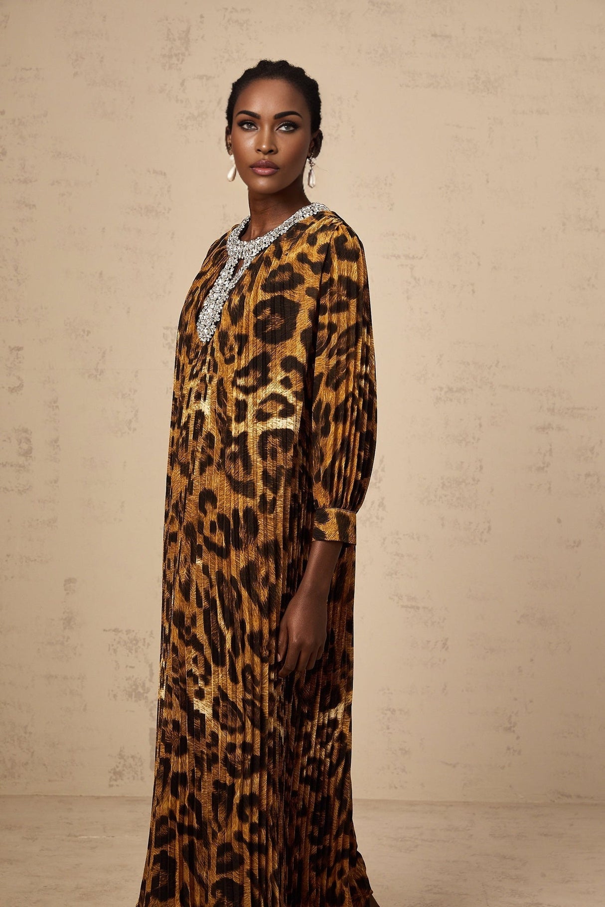 Agnolina Midi Dress - Leopard Print - Crystal Embellishment - Pleated - Long Sleeves - Keyhole Front