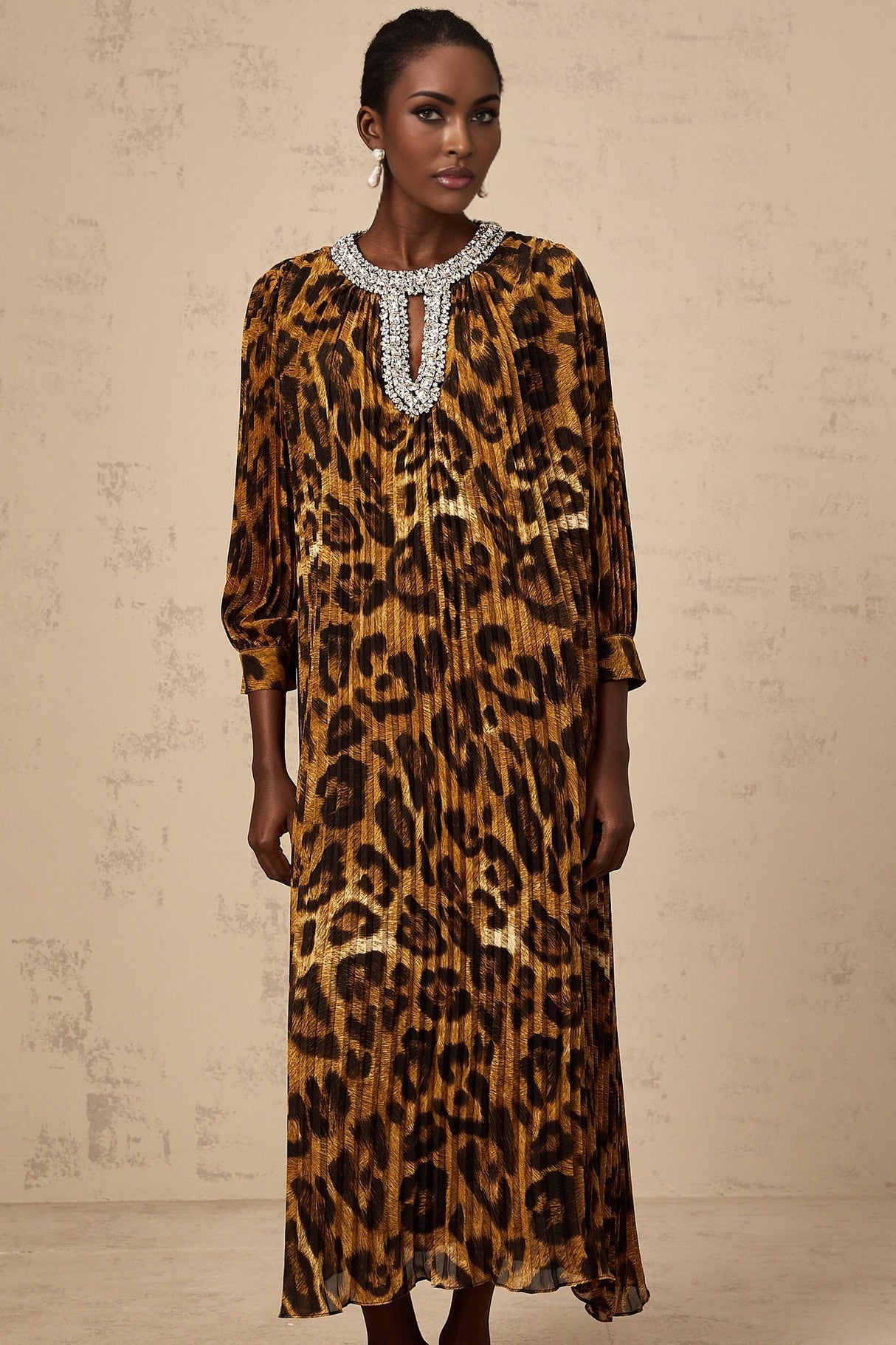 Agnolina Midi Dress - Leopard Print - Crystal Embellishment - Pleated - Long Sleeves - Keyhole Front