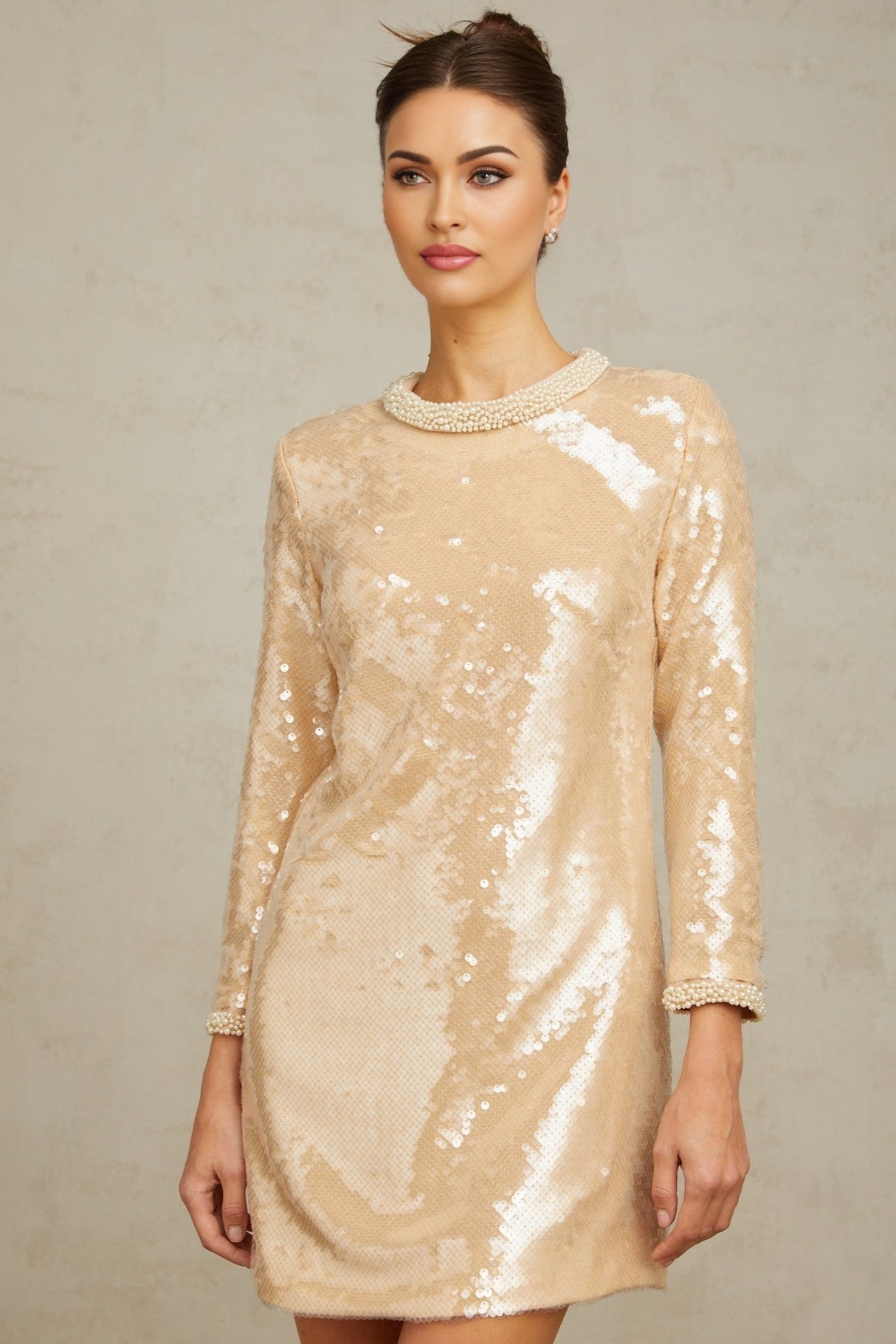 Agnolina Mini Dress – Crew Neck – Long Sleeves – Sequin Embellishment