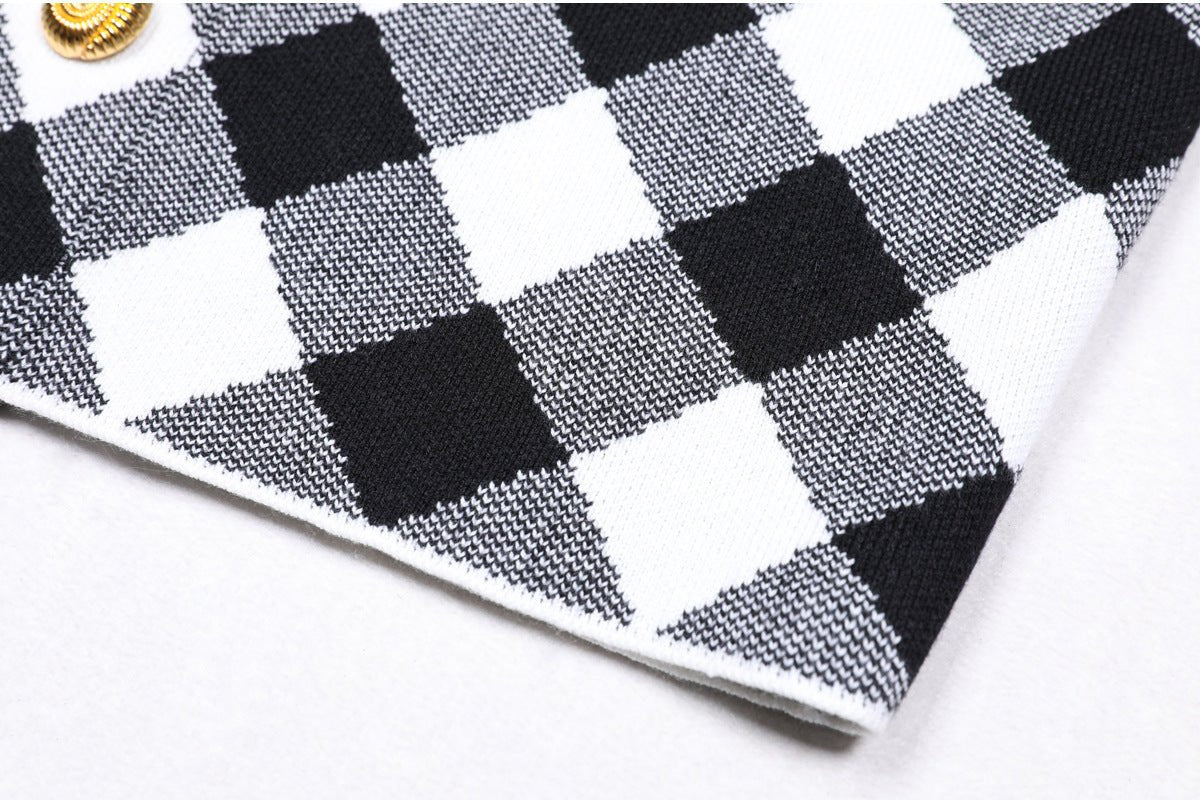 Aida Dress - Form - Fitting Halter Neckline - Plaid Pattern - Tailored Fit - Statement Gold Buttons