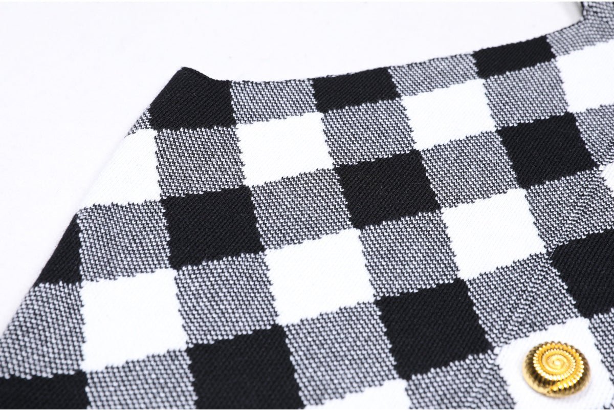 Aida Dress - Form - Fitting Halter Neckline - Plaid Pattern - Tailored Fit - Statement Gold Buttons