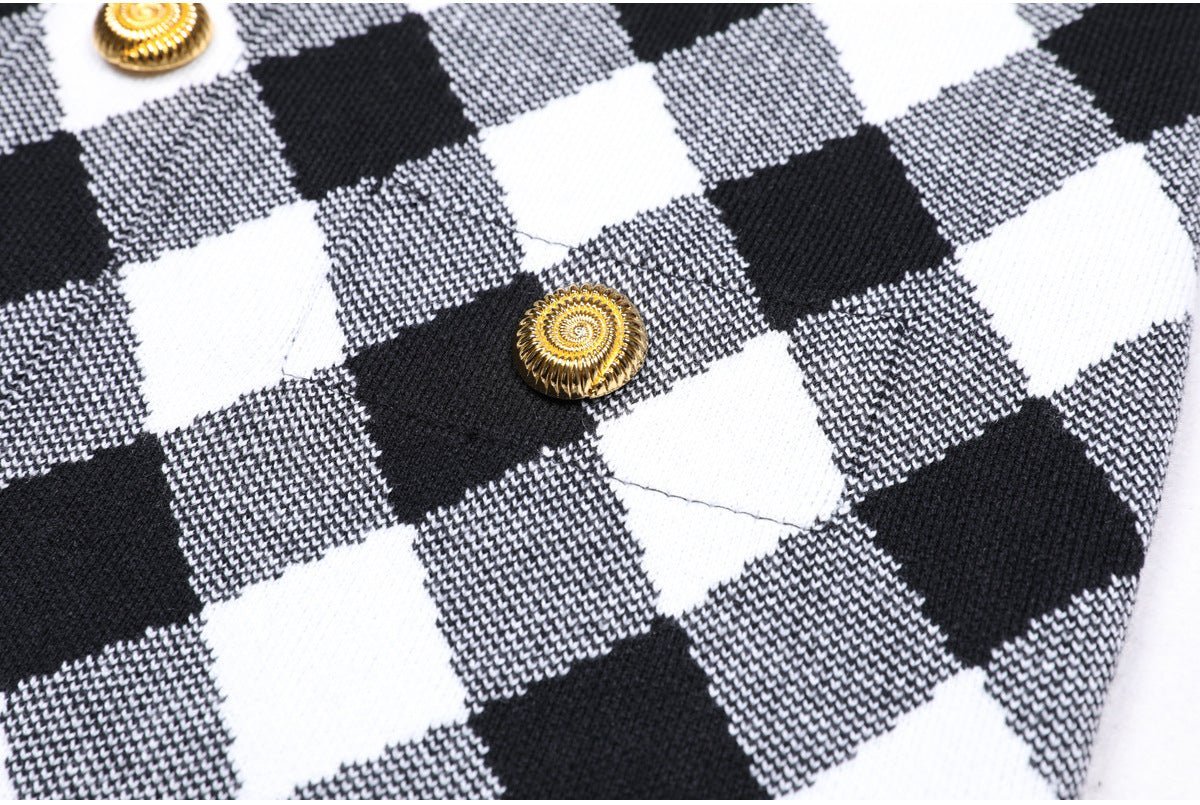 Aida Dress - Form - Fitting Halter Neckline - Plaid Pattern - Tailored Fit - Statement Gold Buttons