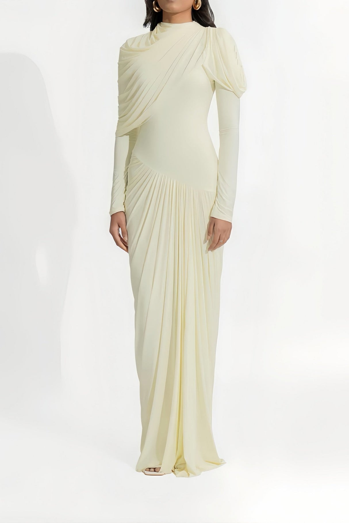 Aida Maxi Dress - Draped Pleated Floor Length - Cream White - Asymmetrical