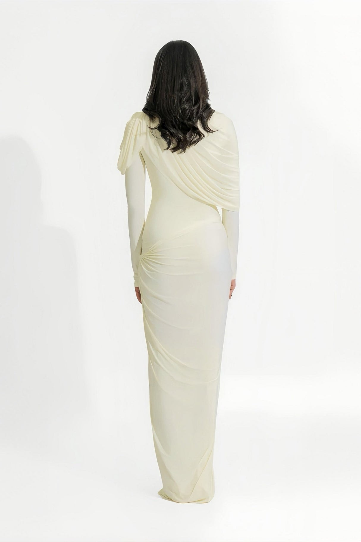 Aida Maxi Dress - Draped Pleated Floor Length - Cream White - Asymmetrical