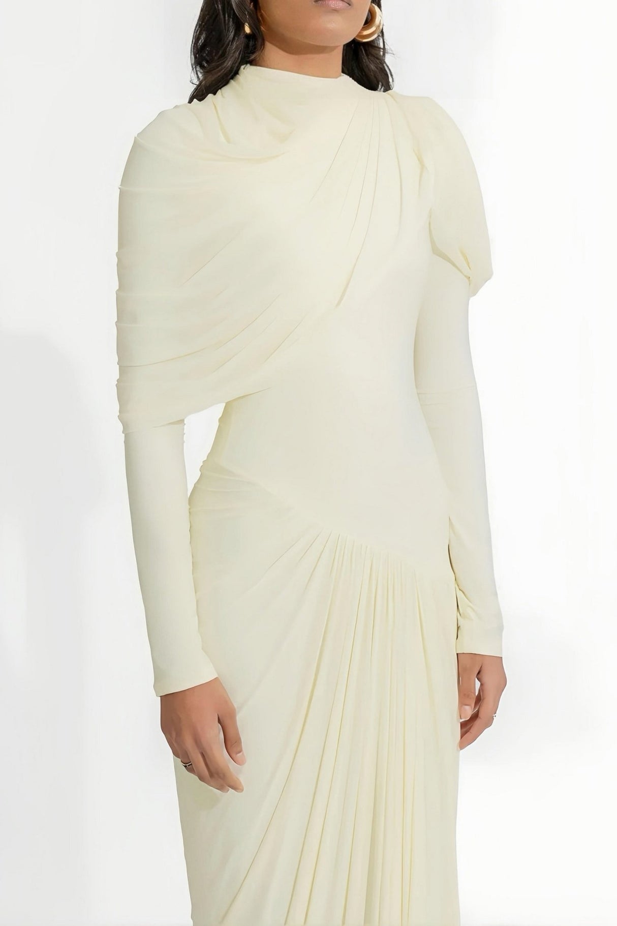 Aida Maxi Dress - Draped Pleated Floor Length - Cream White - Asymmetrical