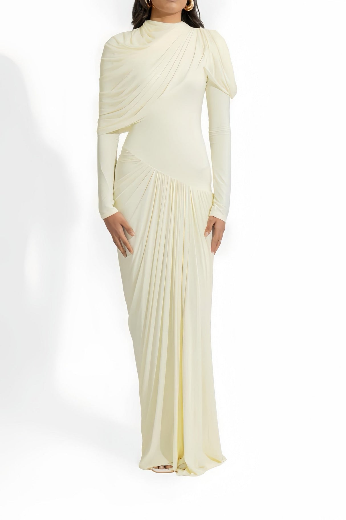 Aida Maxi Dress - Draped Pleated Floor Length - Cream White - Asymmetrical