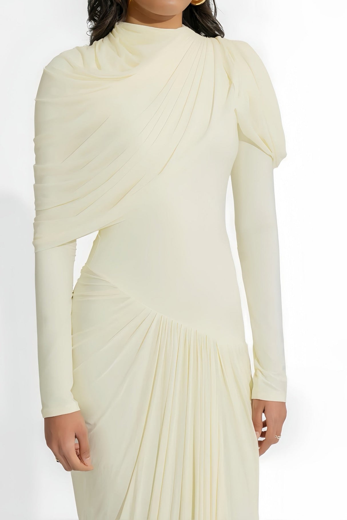 Aida Maxi Dress - Draped Pleated Floor Length - Cream White - Asymmetrical