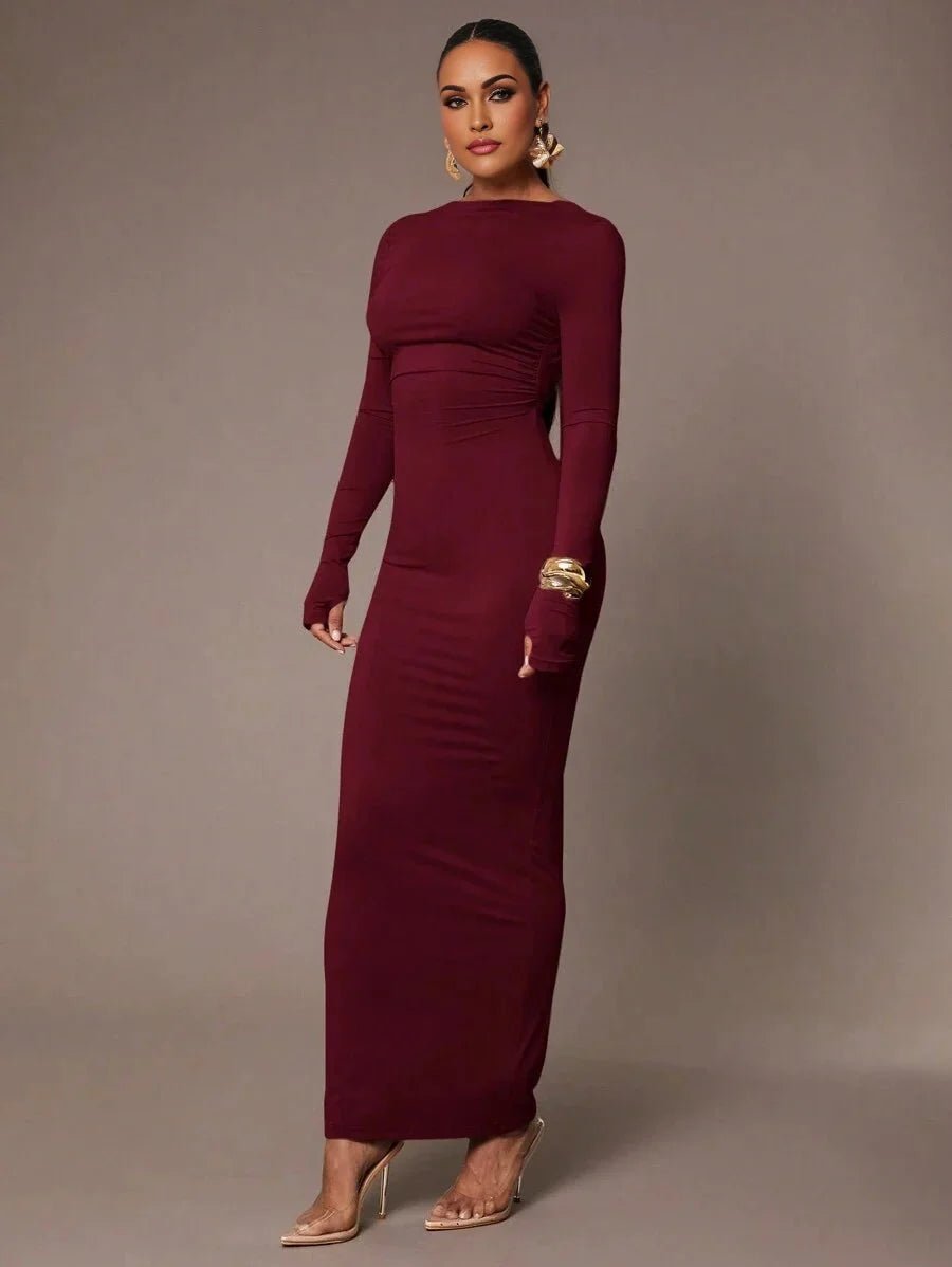 Aida Maxi Dress - Refined Style - Formal & Evening Occasion - Slim Fit - High Waist Line - Knitted Fabric - Long Sleeve - Boat Neck