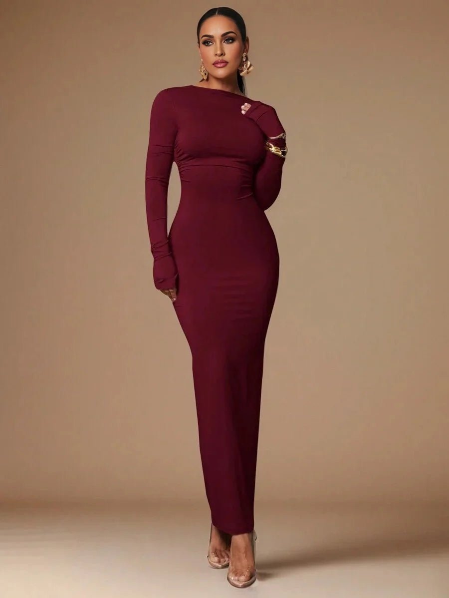 Aida Maxi Dress - Refined Style - Formal & Evening Occasion - Slim Fit - High Waist Line - Knitted Fabric - Long Sleeve - Boat Neck