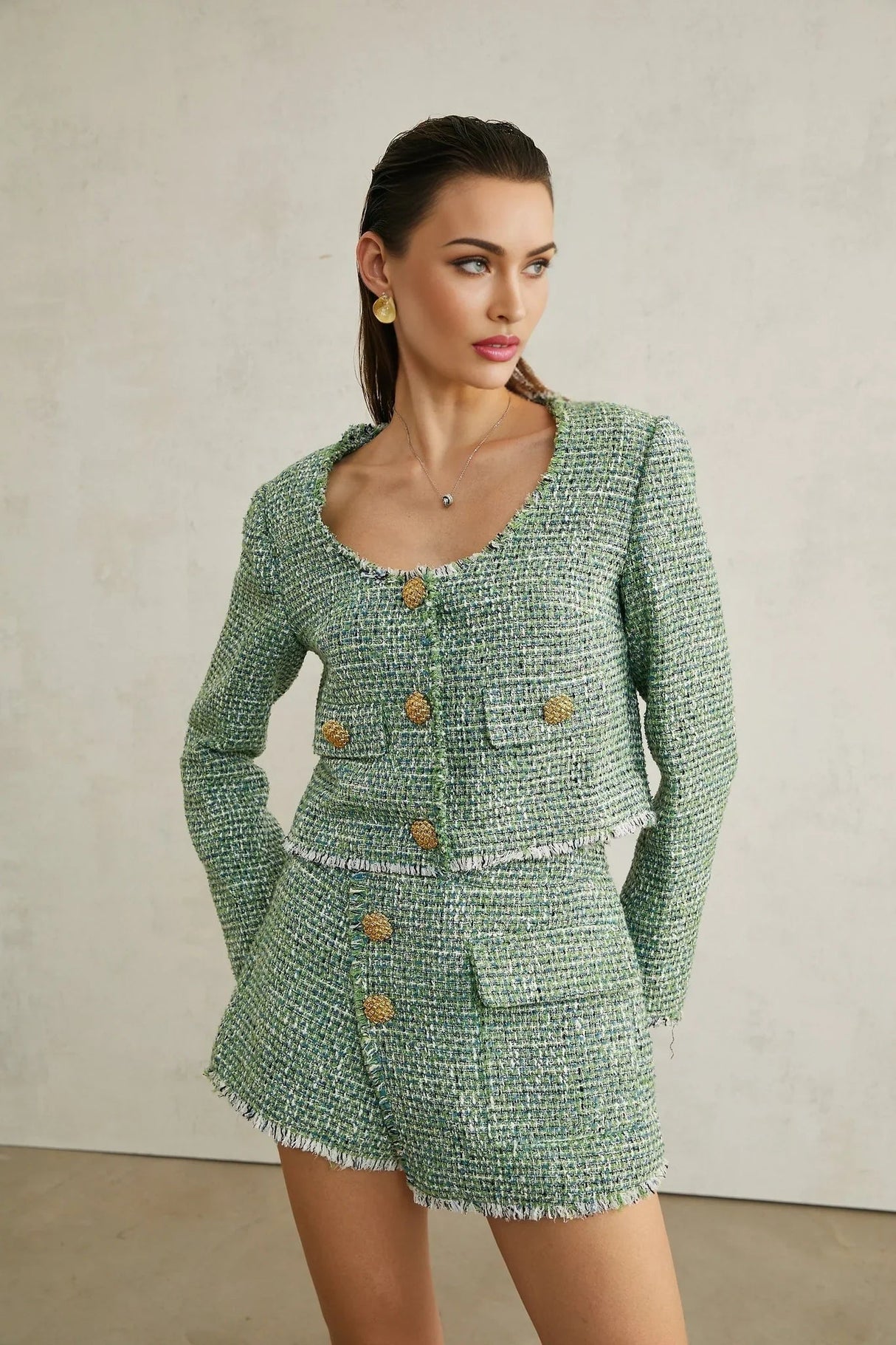 Ainsley Jacket & Shorts - Tweed - tone Buttons - Frayed Edge Detail - A - line Silhouette