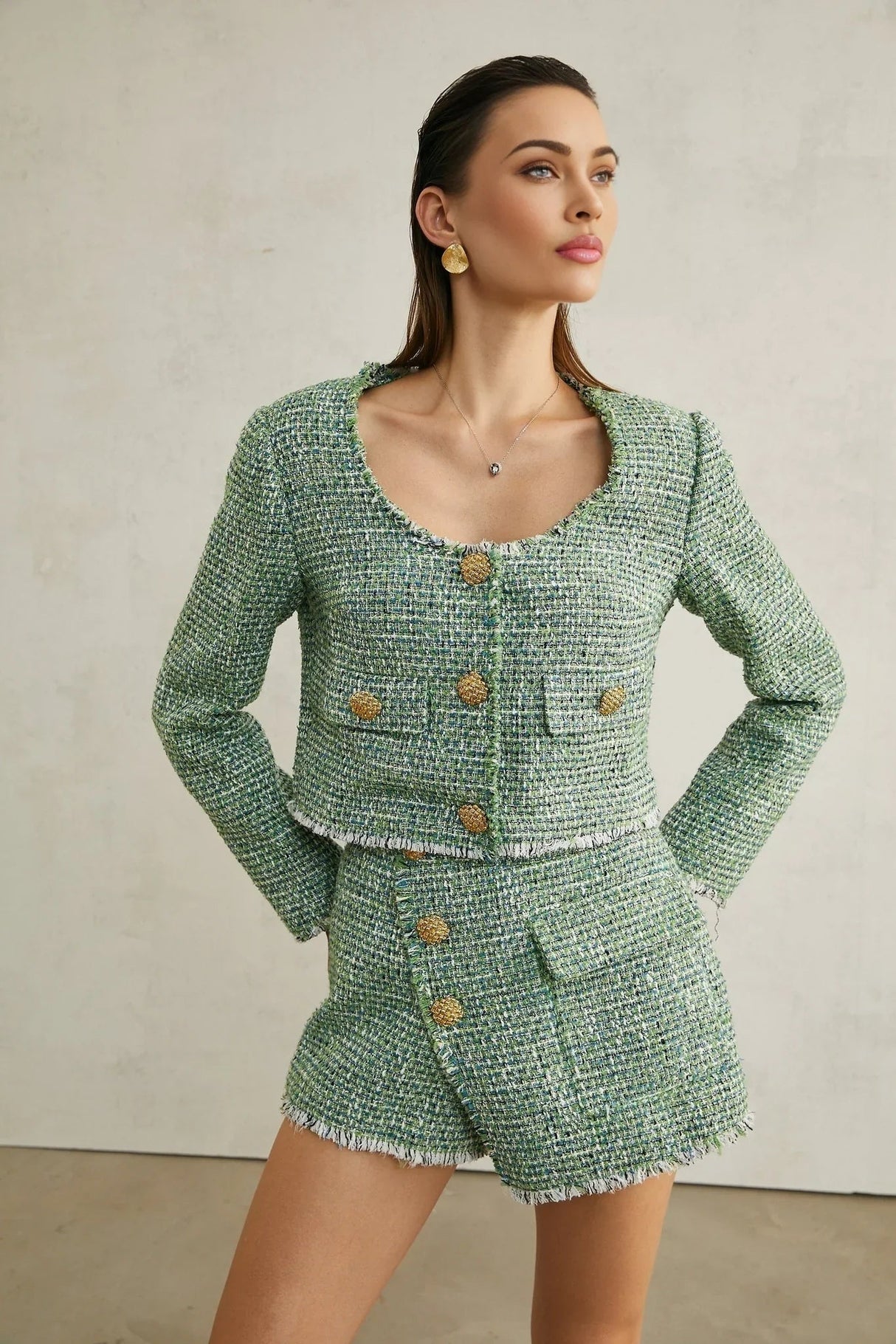 Ainsley Jacket & Shorts - Tweed - tone Buttons - Frayed Edge Detail - A - line Silhouette