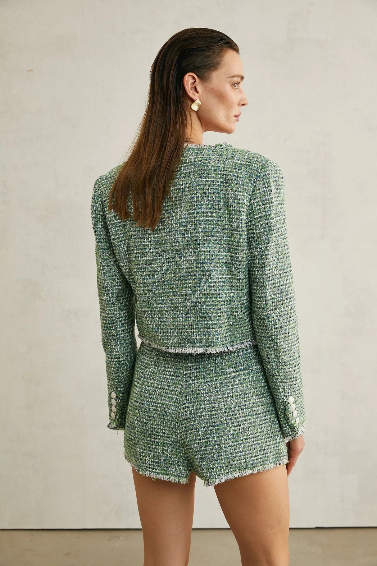 Ainsley Jacket & Shorts - Tweed - tone Buttons - Frayed Edge Detail - A - line Silhouette