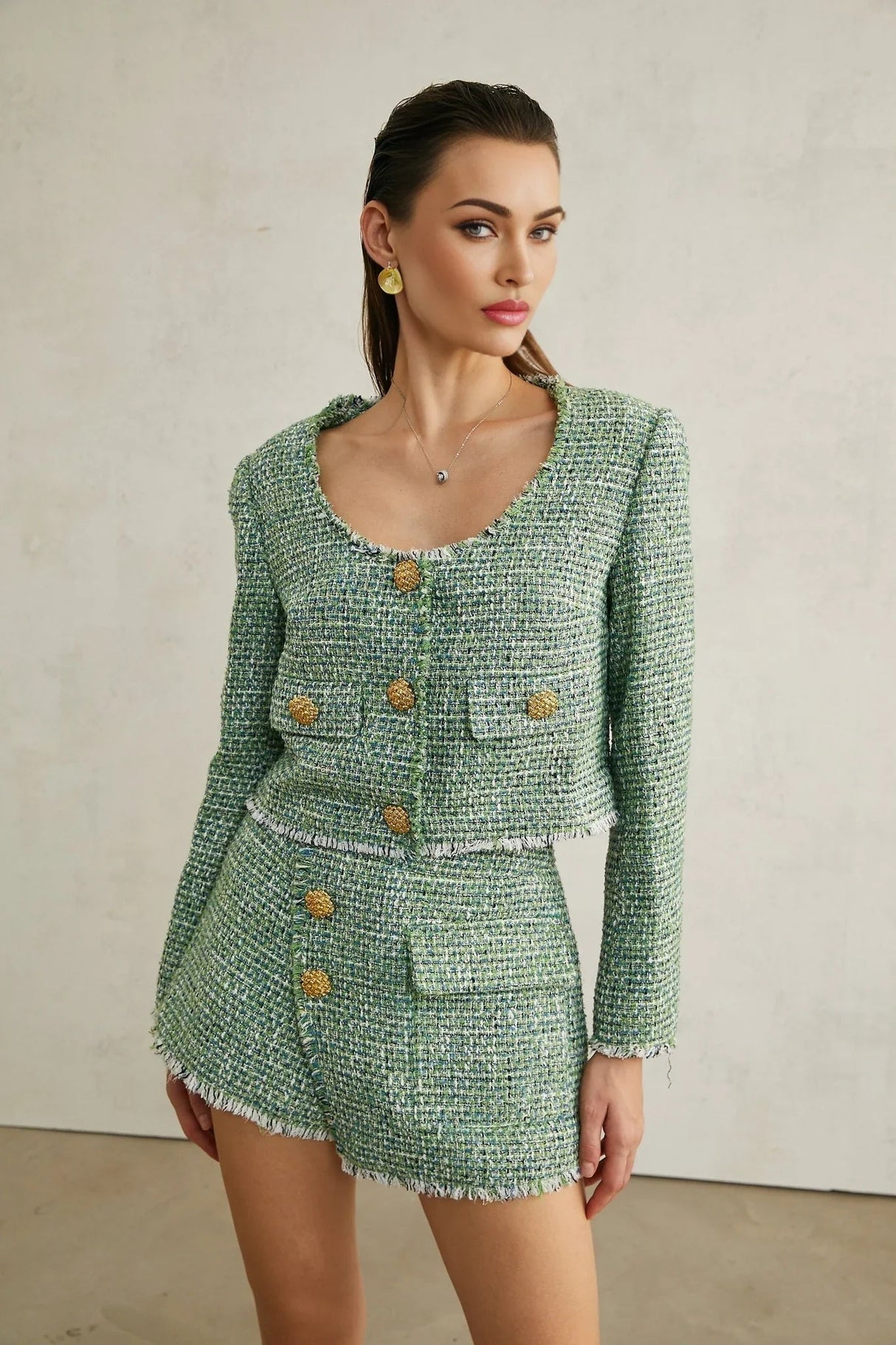 Ainsley Jacket & Shorts - Tweed - tone Buttons - Frayed Edge Detail - A - line Silhouette