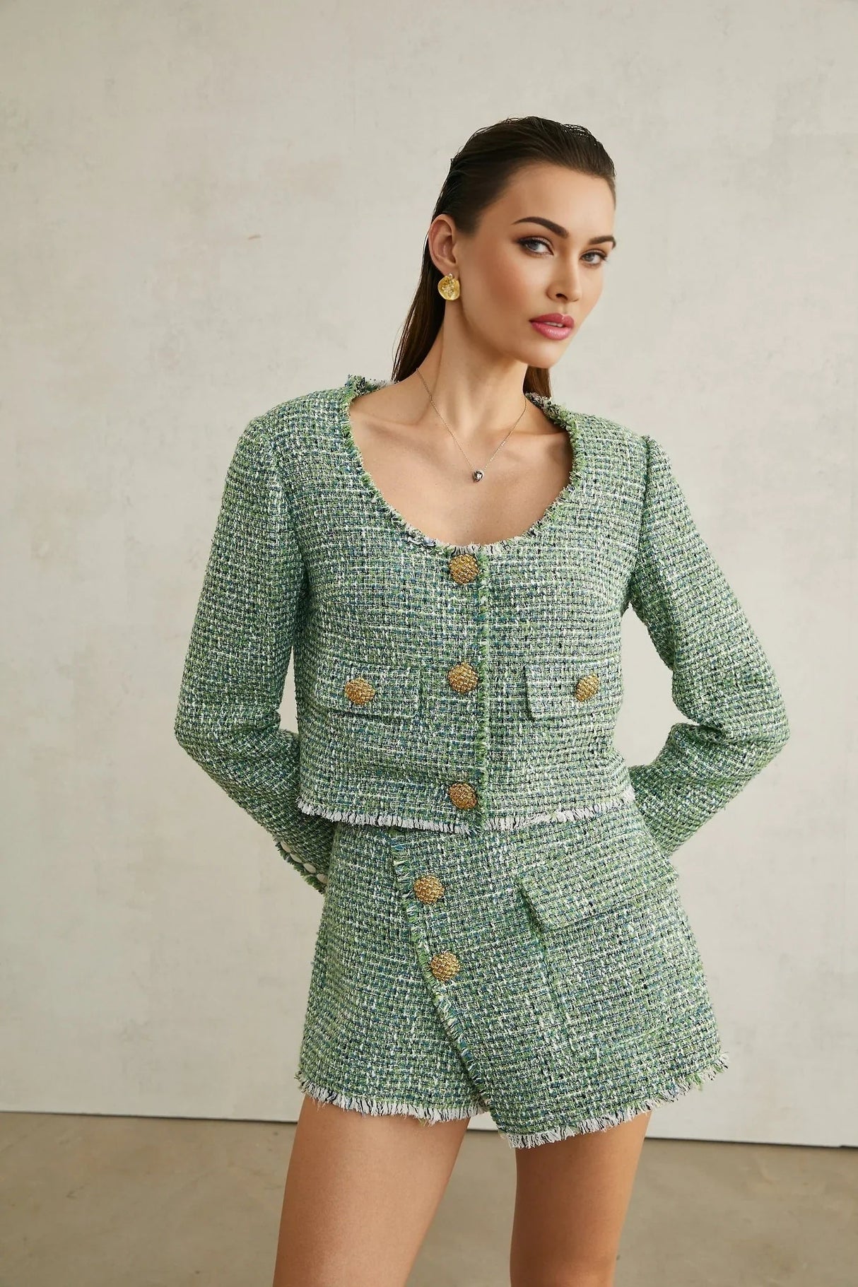 Ainsley Jacket & Shorts - Tweed - tone Buttons - Frayed Edge Detail - A - line Silhouette