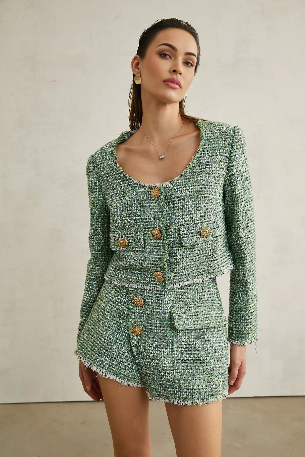 Ainsley Jacket & Shorts - Tweed - tone Buttons - Frayed Edge Detail - A - line Silhouette