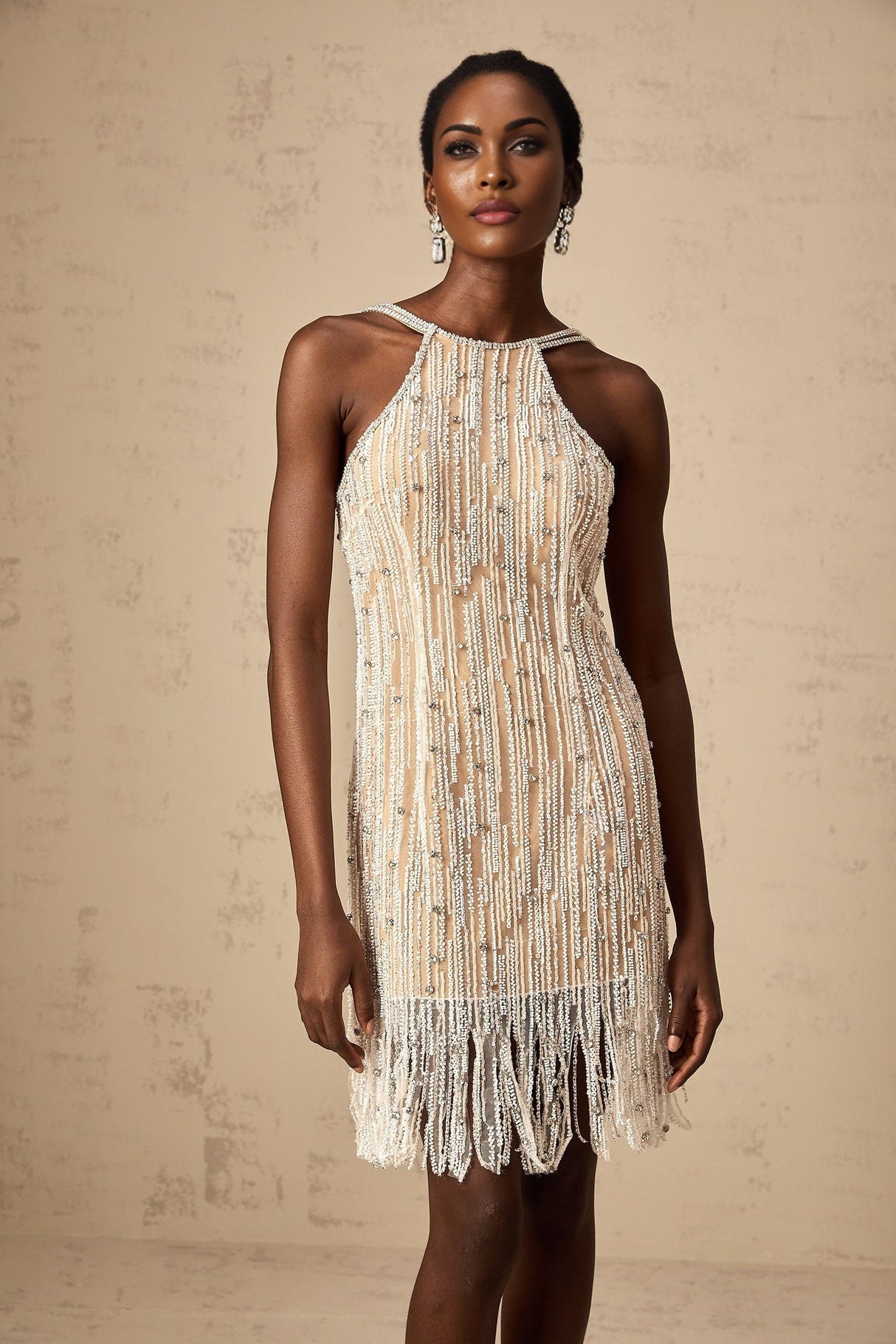 Ainsley Mini Dress – Spaghetti Straps – Fringed Edge – Crystal Embellishment