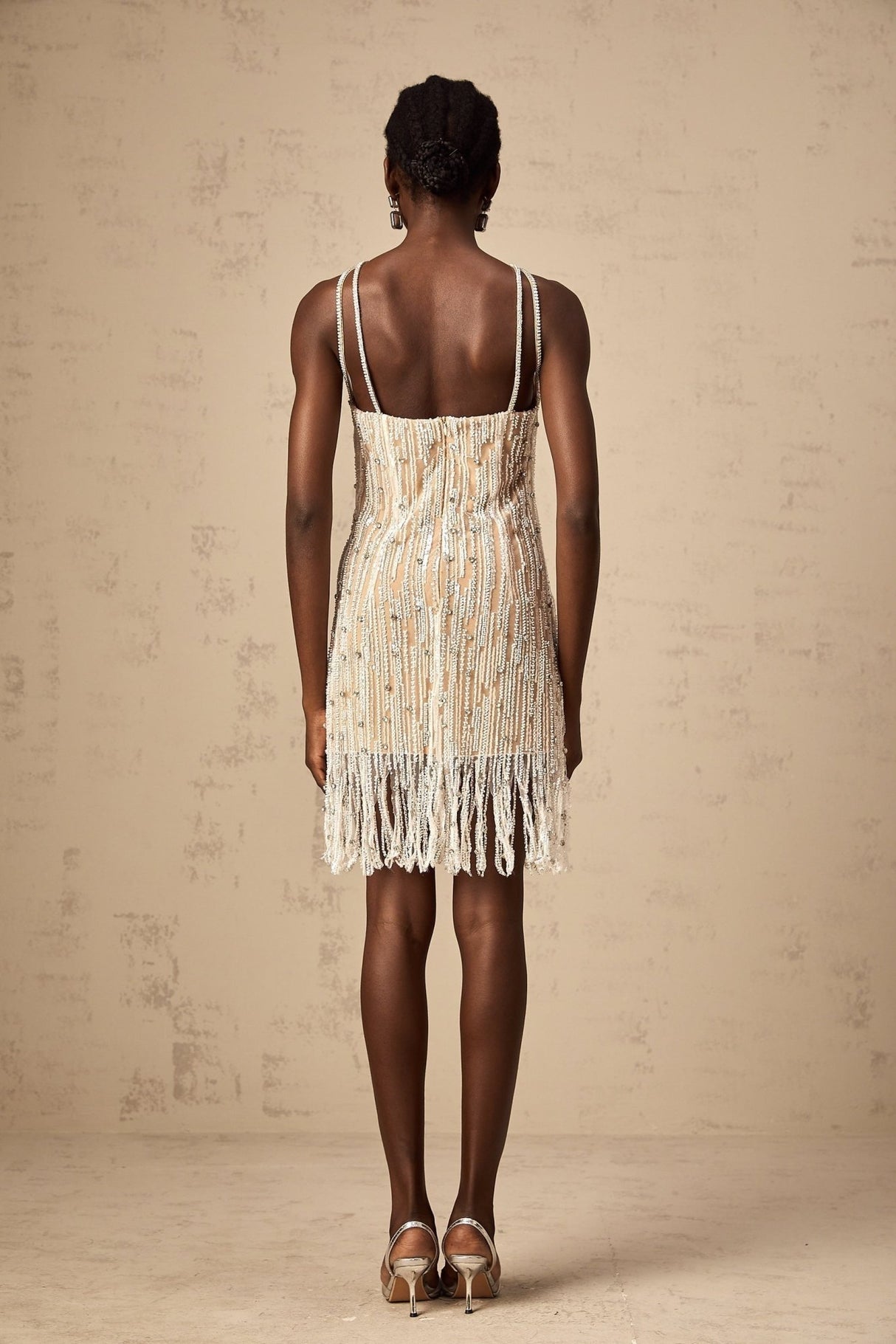 Ainsley Mini Dress – Spaghetti Straps – Fringed Edge – Crystal Embellishment