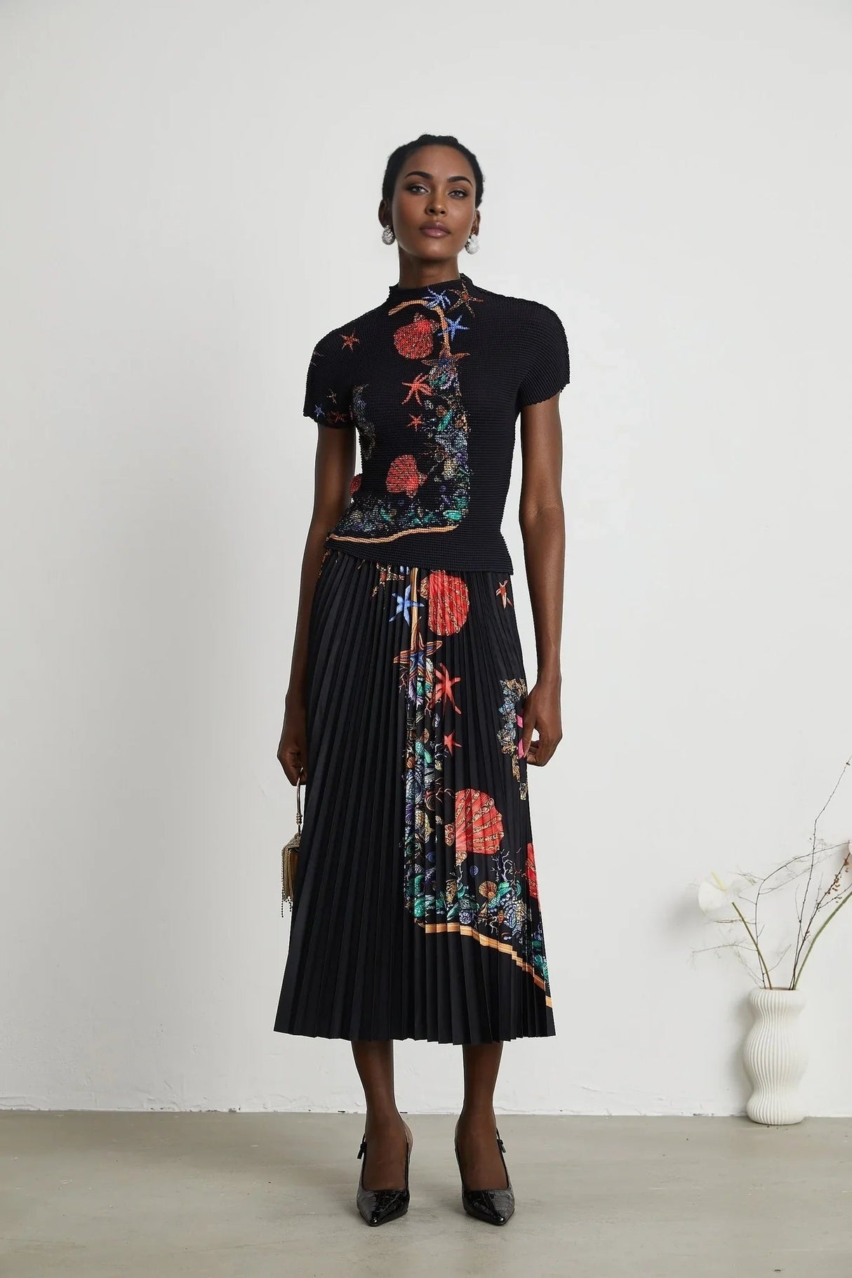 Ainsley Skirt & Top Set - Short Sleeves - Mock Neck - Pattern - Pleat Detailing