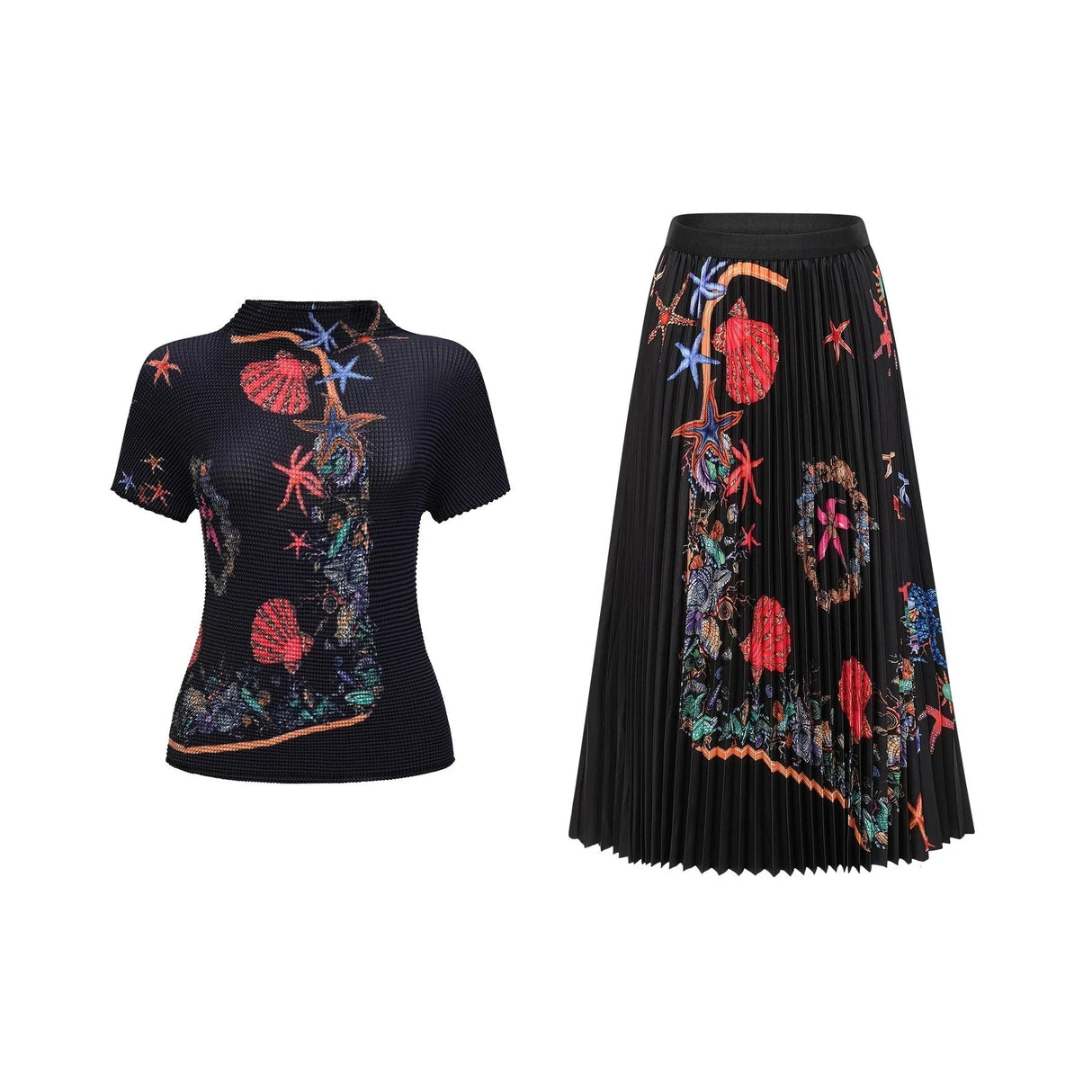 Ainsley Skirt & Top Set - Short Sleeves - Mock Neck - Pattern - Pleat Detailing