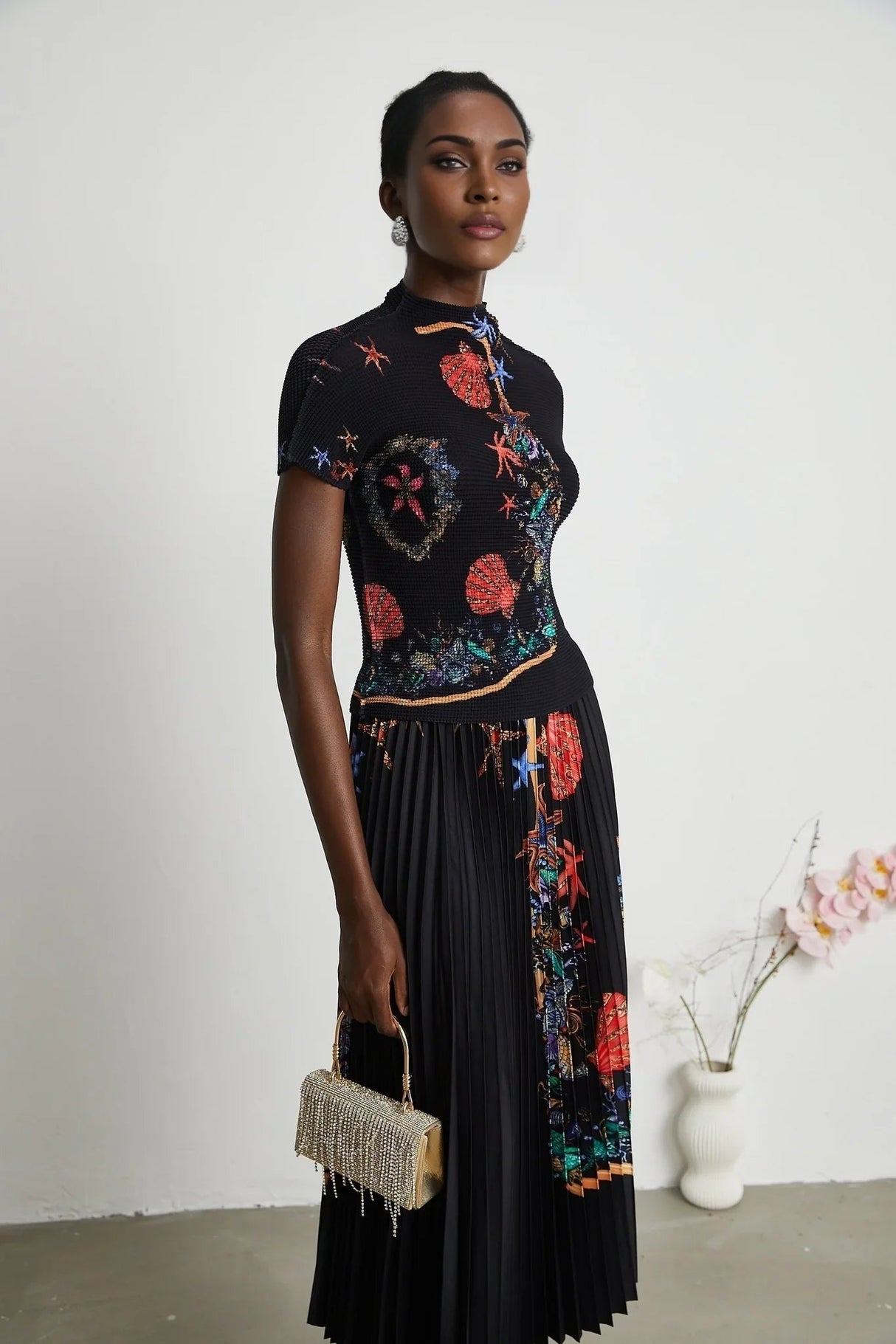 Ainsley Skirt & Top Set - Short Sleeves - Mock Neck - Pattern - Pleat Detailing