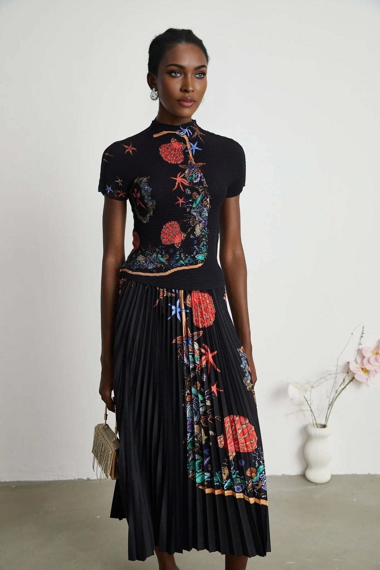 Ainsley Skirt & Top Set - Short Sleeves - Mock Neck - Pattern - Pleat Detailing