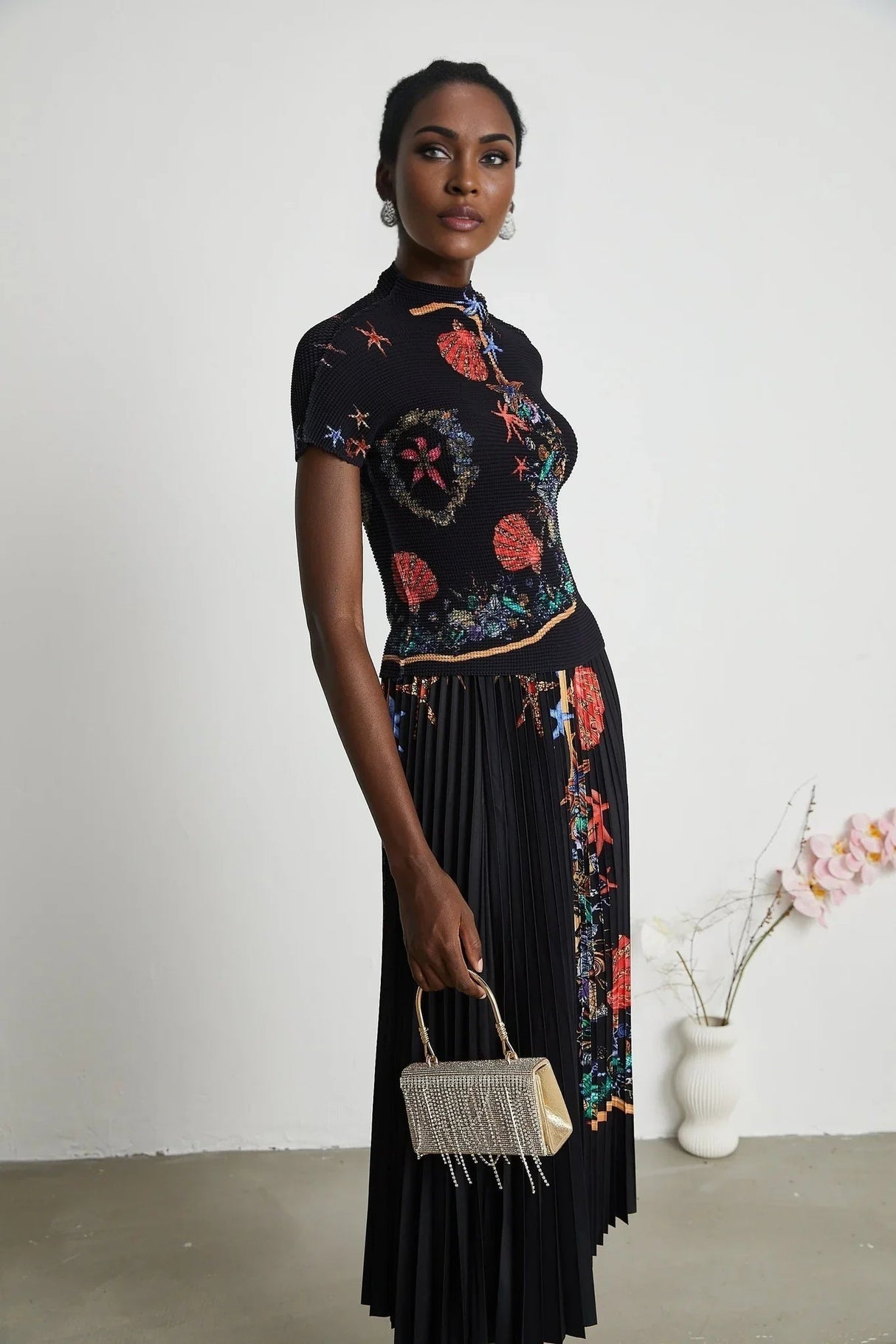 Ainsley Skirt & Top Set - Short Sleeves - Mock Neck - Pattern - Pleat Detailing