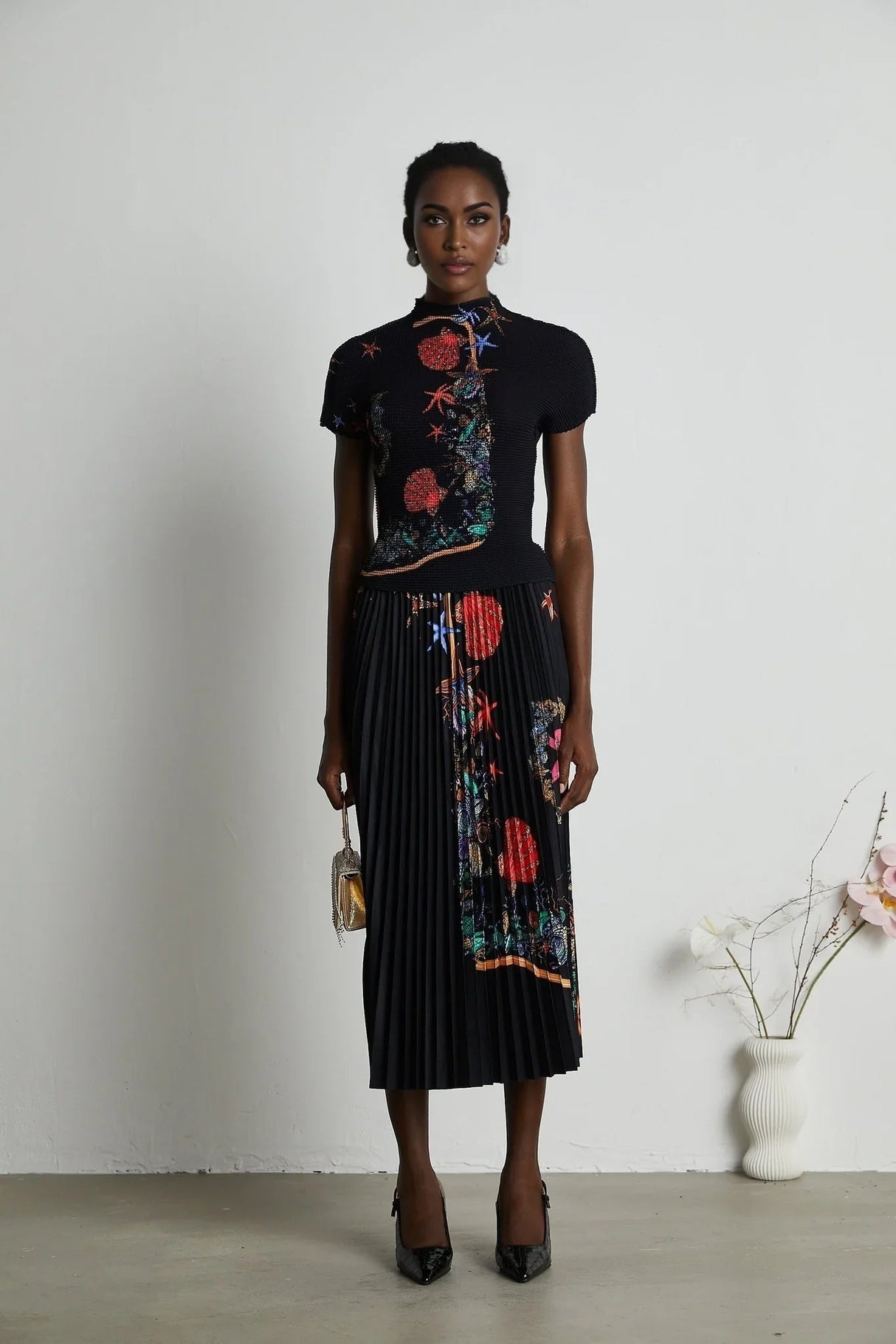 Ainsley Skirt & Top Set - Short Sleeves - Mock Neck - Pattern - Pleat Detailing