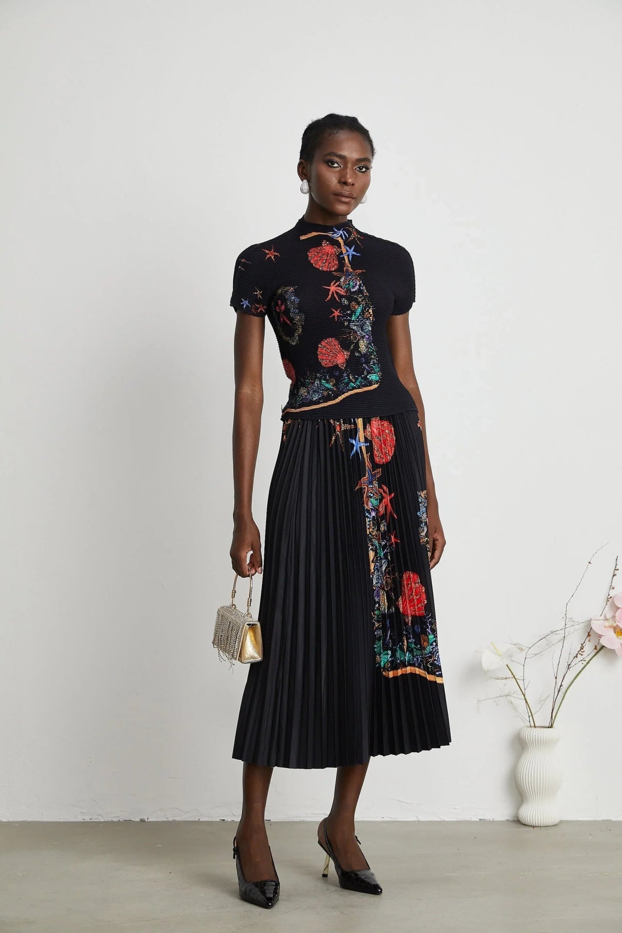 Ainsley Skirt & Top Set - Short Sleeves - Mock Neck - Pattern - Pleat Detailing