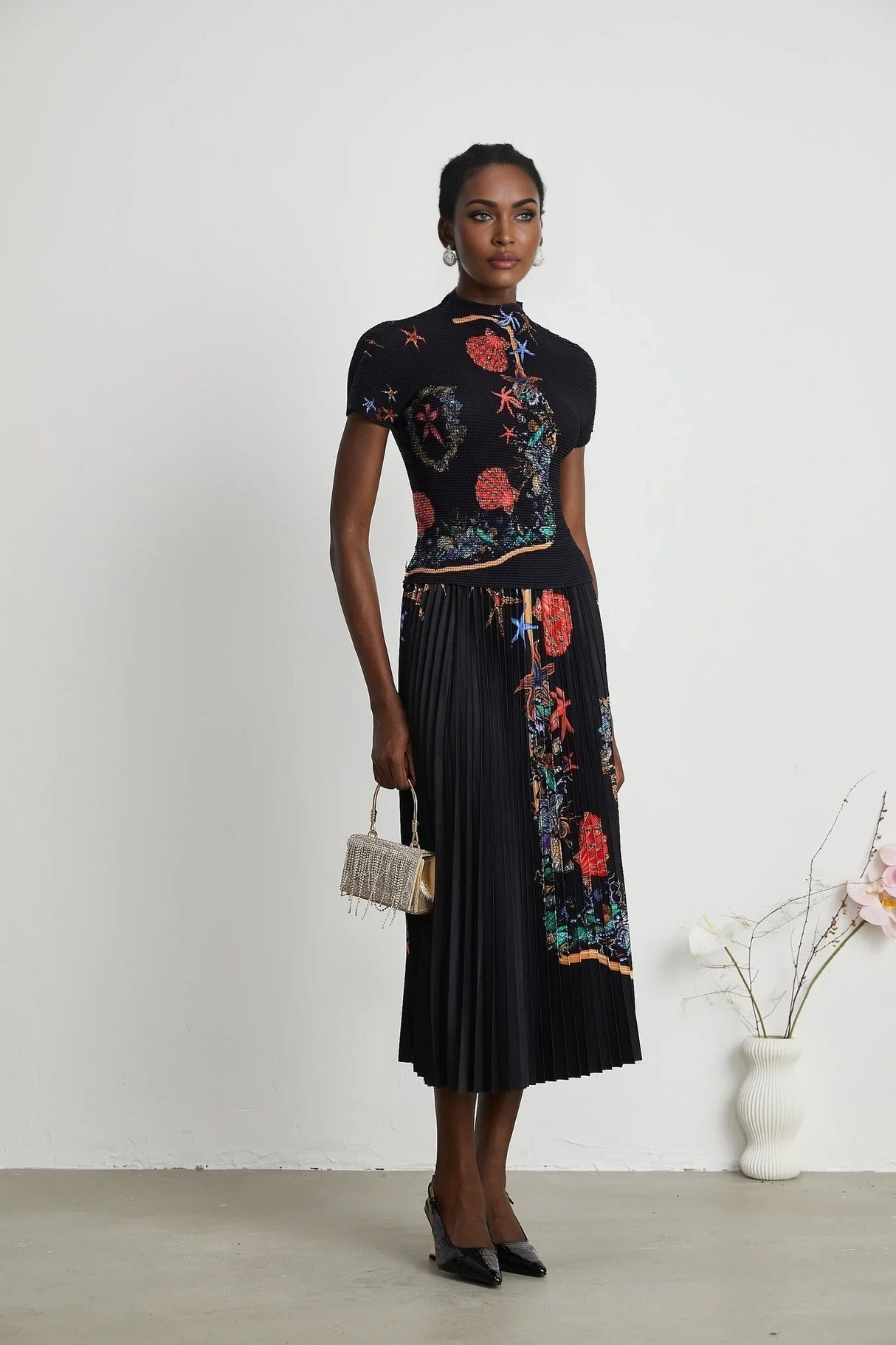 Ainsley Skirt & Top Set - Short Sleeves - Mock Neck - Pattern - Pleat Detailing