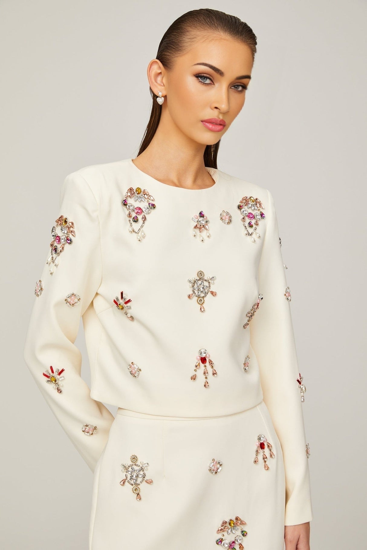 Ainsley Top & Skirt Set - Crystal Embellishment - Dart Detailing - Zippered Cuffs - Rear Zip Fastening - Lined