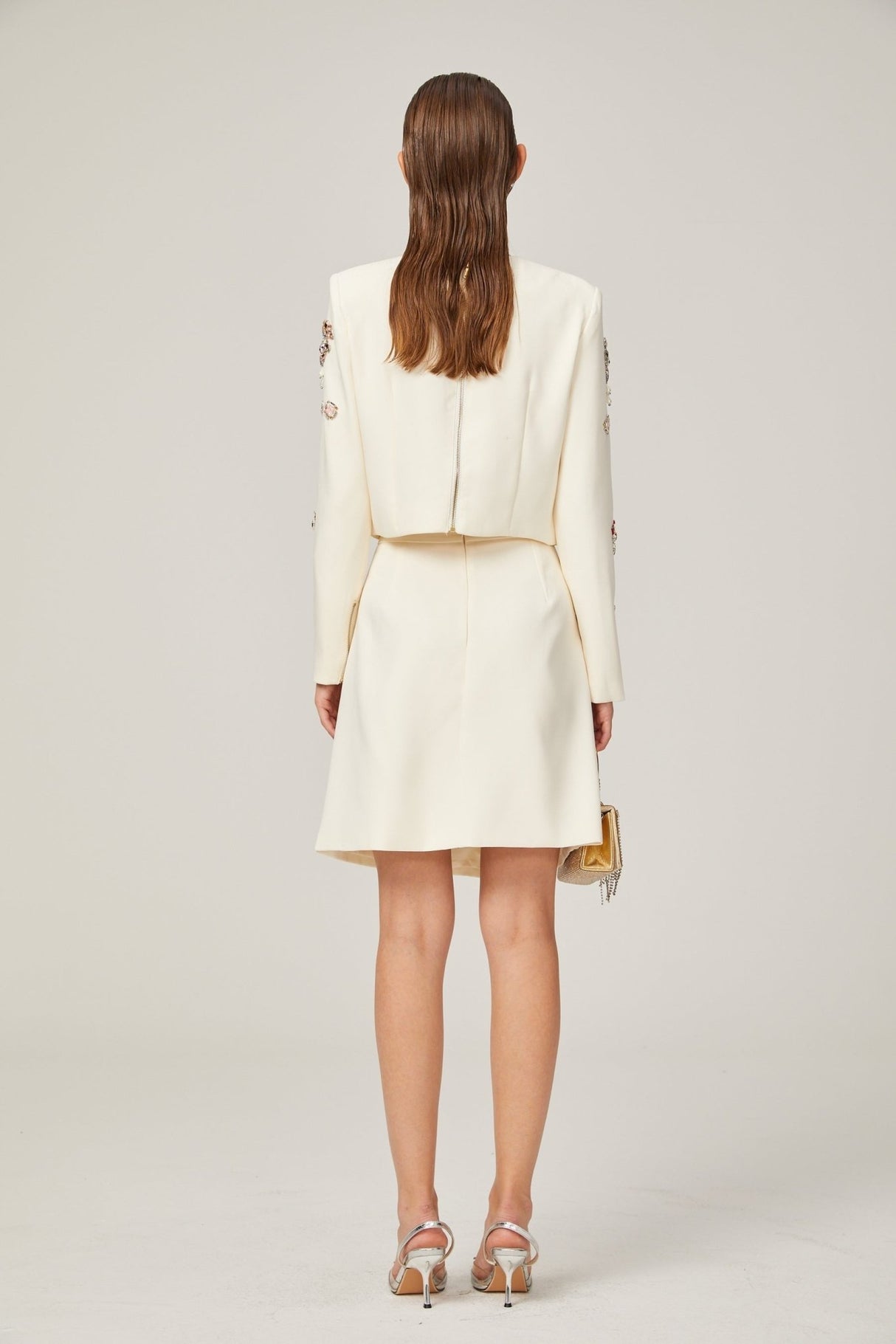 Ainsley Top & Skirt Set - Crystal Embellishment - Dart Detailing - Zippered Cuffs - Rear Zip Fastening - Lined