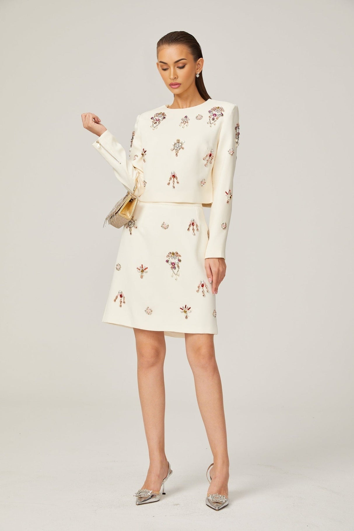 Ainsley Top & Skirt Set - Crystal Embellishment - Dart Detailing - Zippered Cuffs - Rear Zip Fastening - Lined