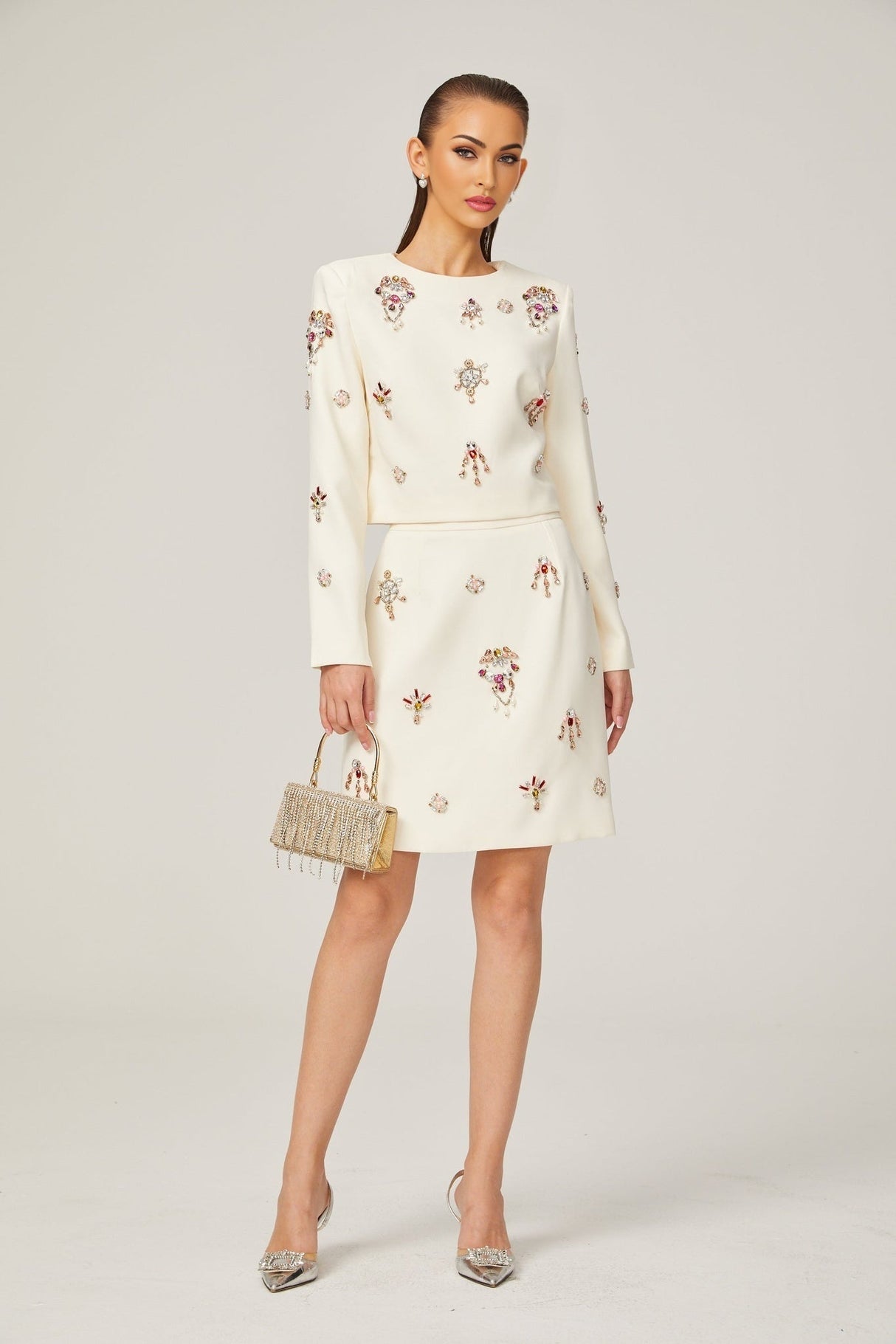 Ainsley Top & Skirt Set - Crystal Embellishment - Dart Detailing - Zippered Cuffs - Rear Zip Fastening - Lined