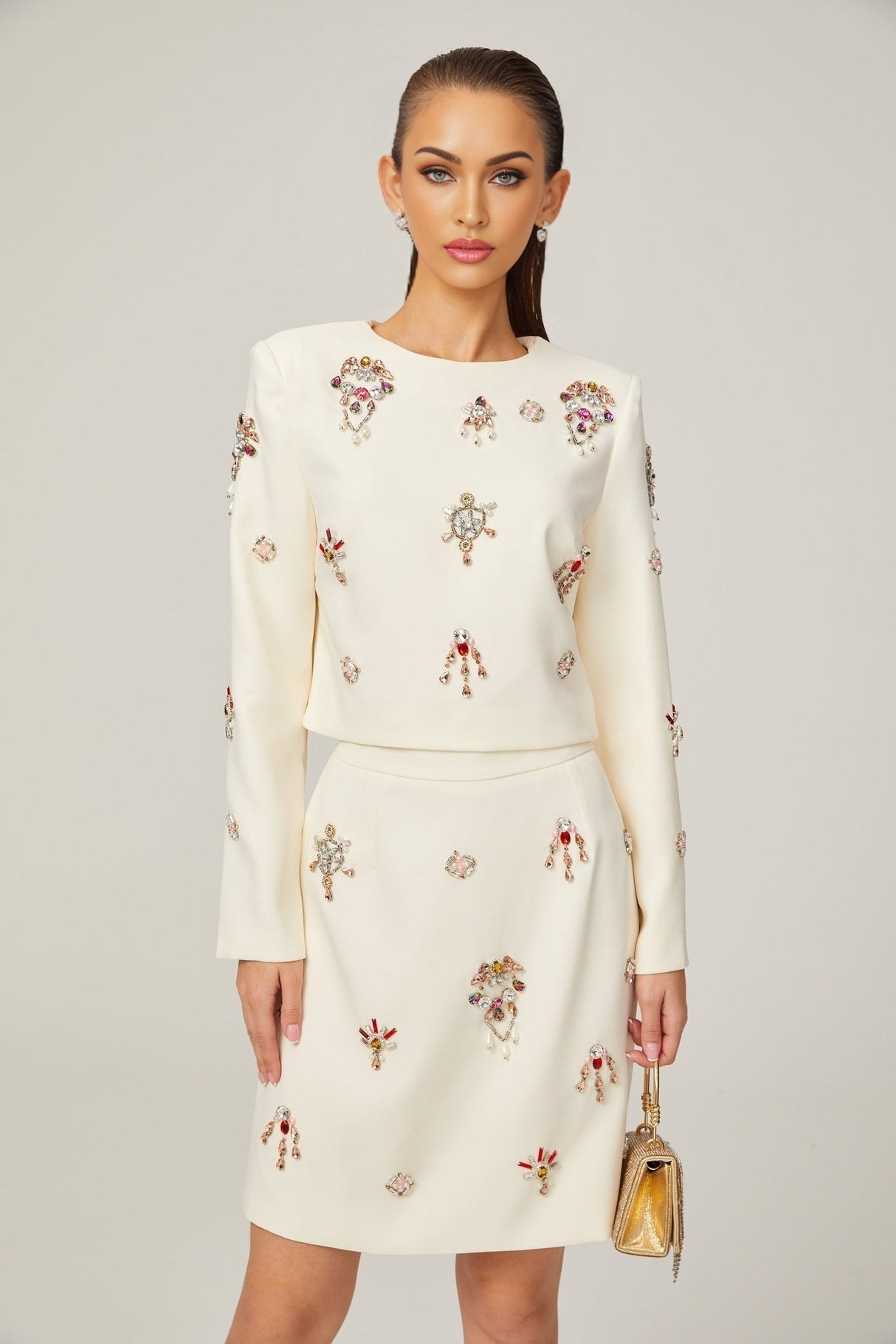 Ainsley Top & Skirt Set - Crystal Embellishment - Dart Detailing - Zippered Cuffs - Rear Zip Fastening - Lined