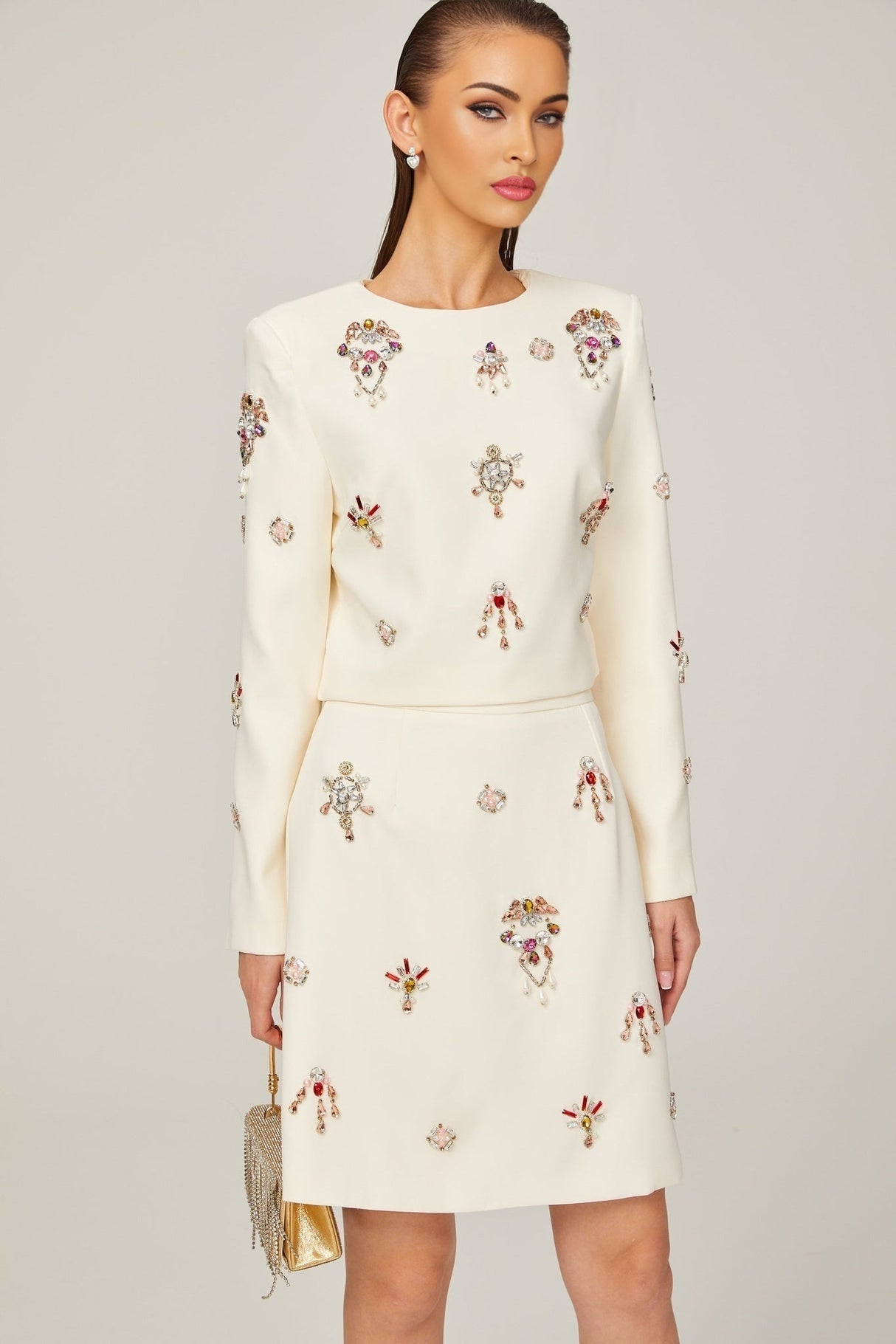 Ainsley Top & Skirt Set - Crystal Embellishment - Dart Detailing - Zippered Cuffs - Rear Zip Fastening - Lined