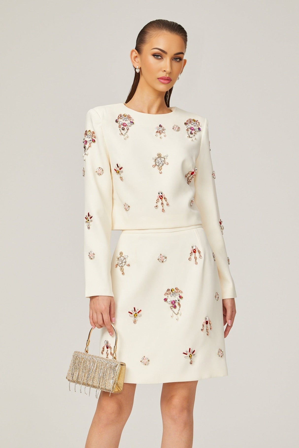 Ainsley Top & Skirt Set - Crystal Embellishment - Dart Detailing - Zippered Cuffs - Rear Zip Fastening - Lined