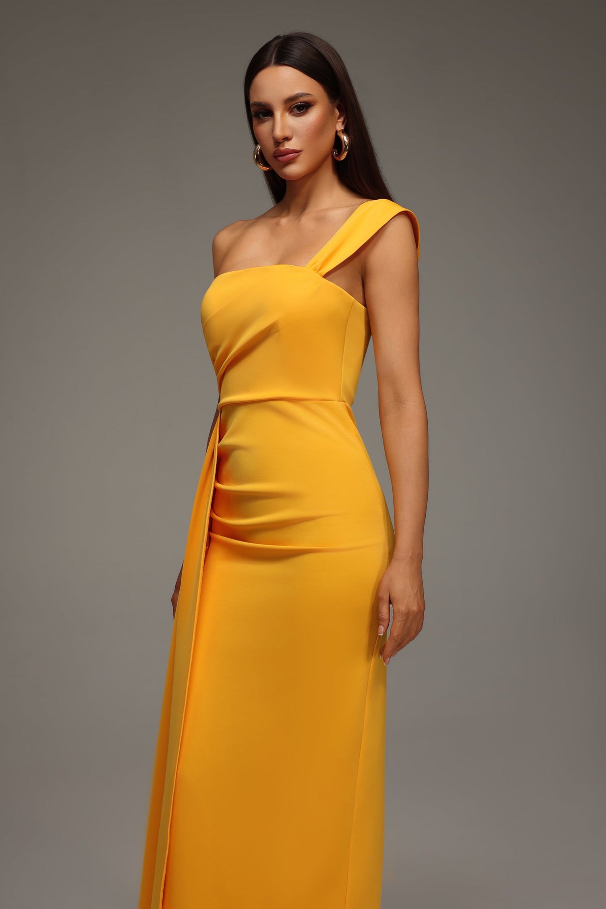 Ainsley Yellow One-Shoulder Dress Luxurious Fabric Flattering Fit Slit Detailing Elegant Evening Gala Wedding Formal Vibrant Hue Statement Confidence Style