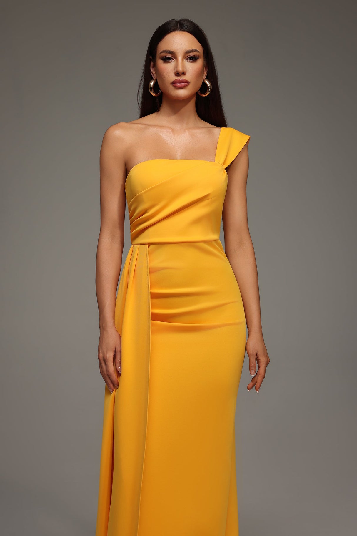 Ainsley Yellow One Shoulder Dress Elegant Modern Elegance Luxurious Fabric Flattering Fit Allure Slit Detailing Wedding Gala Confidence Style