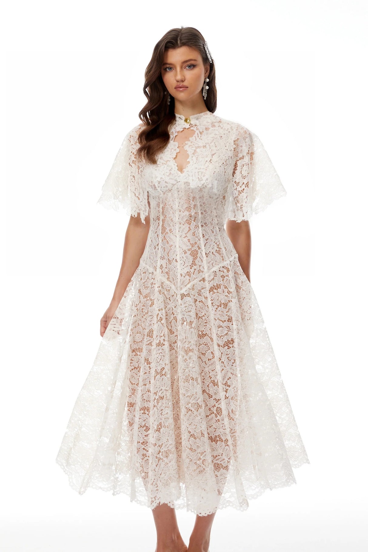 Alaia White Cape Design Floral Lace Midi Dress