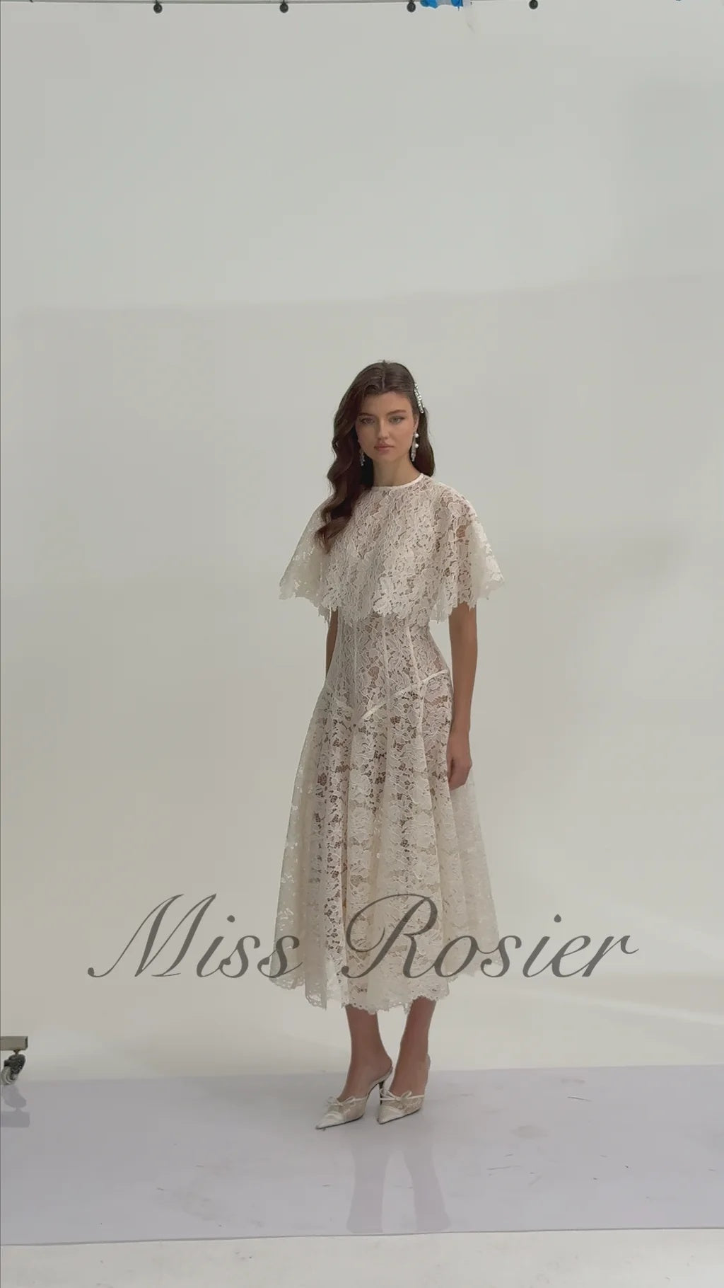Alaia White Cape Design Floral Lace Midi Dress
